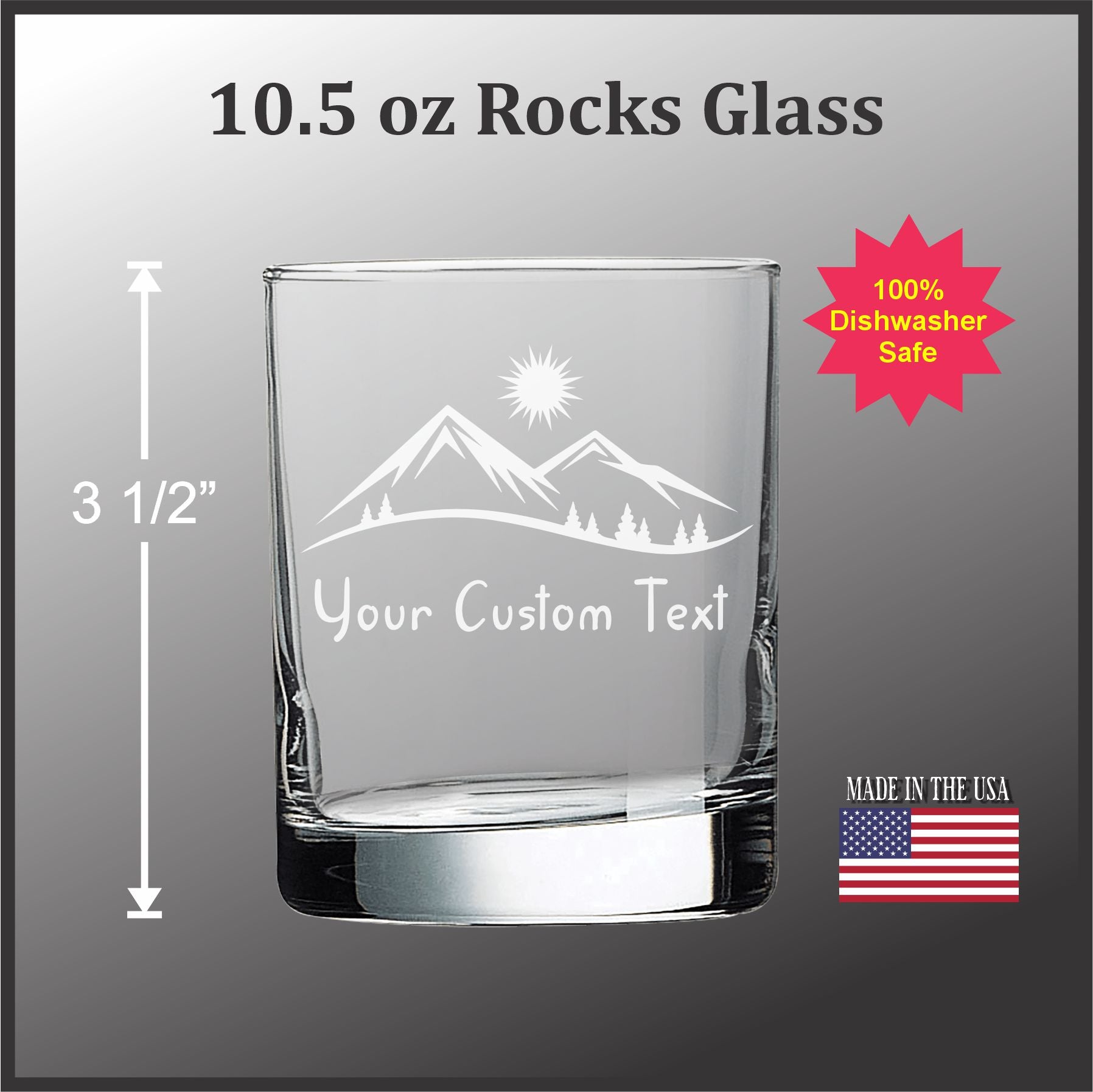 a clear glass with a mountain landscape etched onto it. The glass is described as having a 10.5 oz capacity and is labeled as a custom text glass.