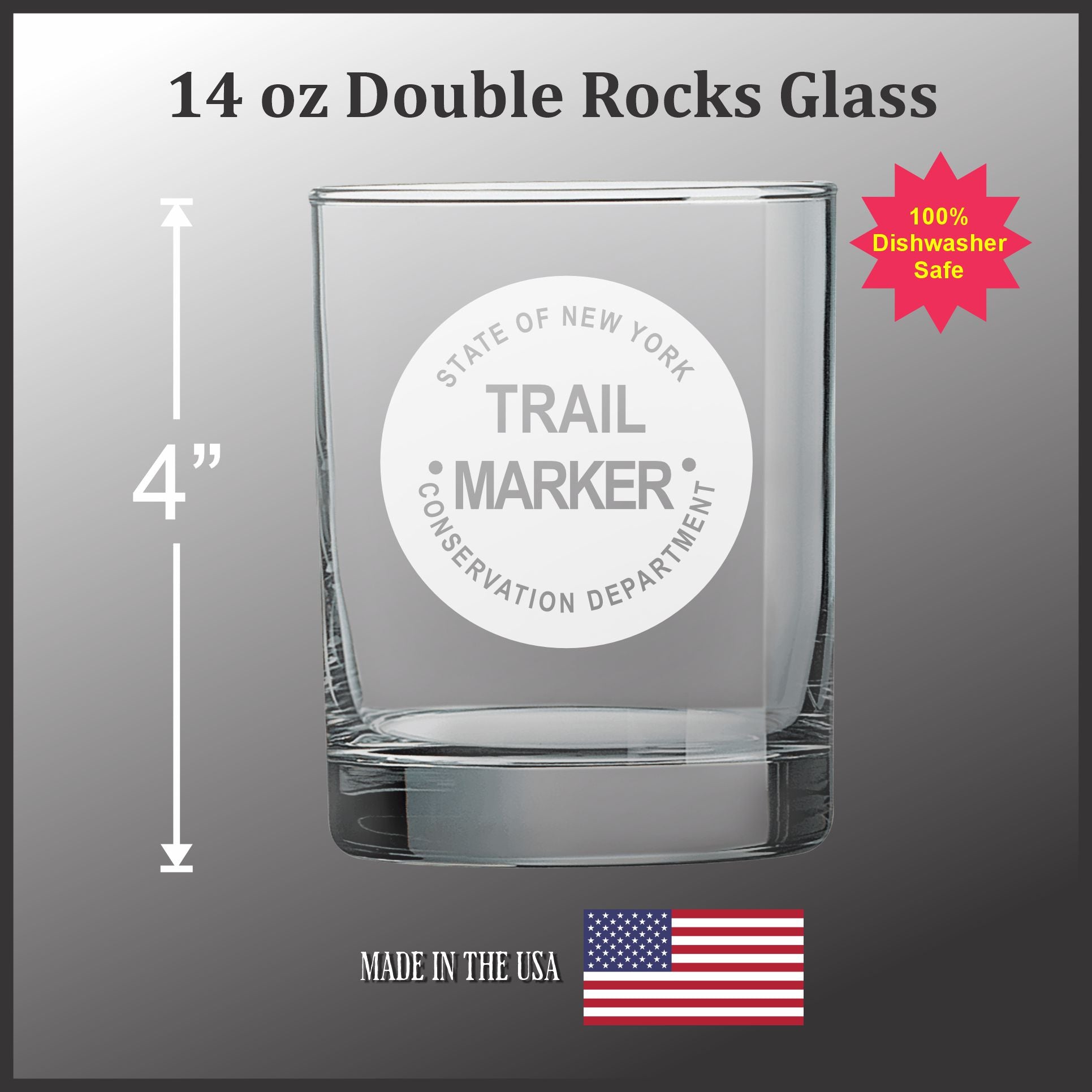 a 14 oz Double Rocks glass with a trail marker etched into it. The glass is made in the USA and is described as a "100% Dishwasher Safe" product.