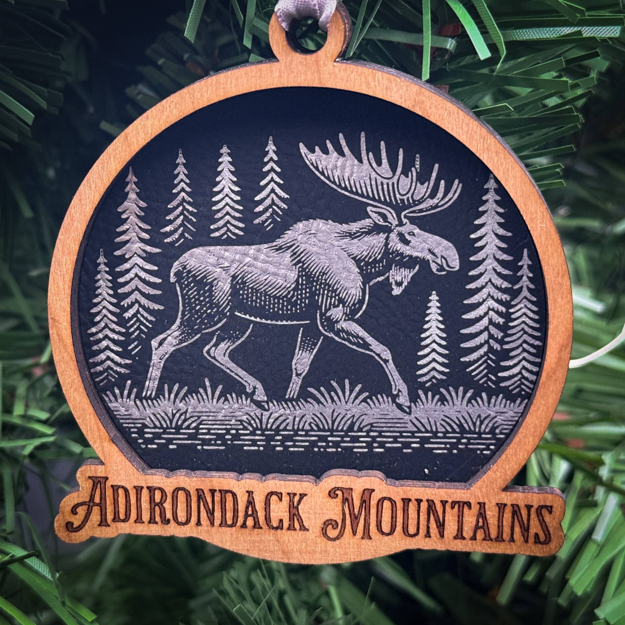 Moose in a Forest Wood Ornament 3 Layered