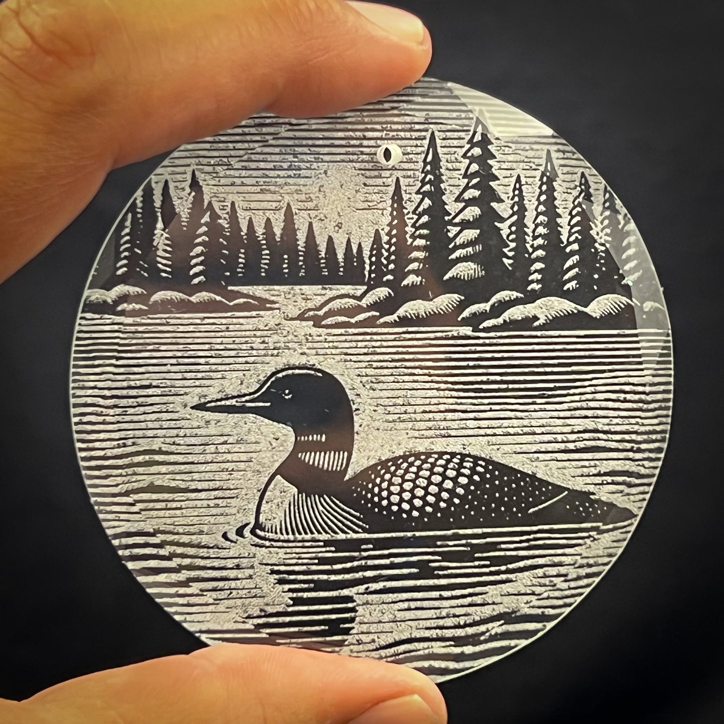 Loon on a Lake 3 1/4" Round Clear Glass Ornament