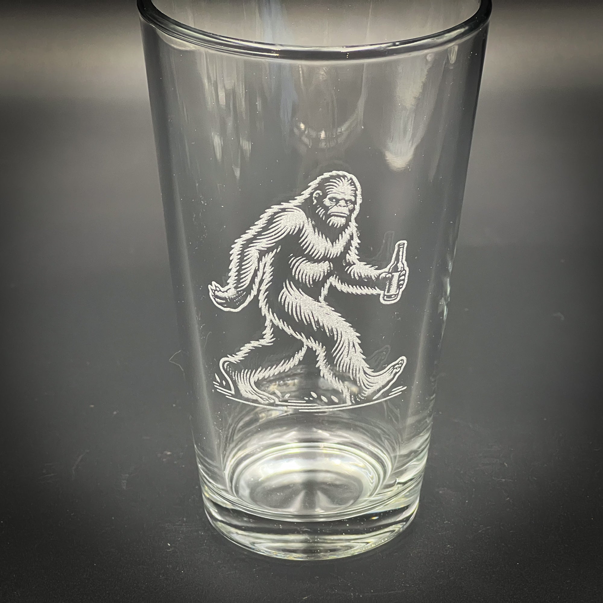 Bigfoot with Beer engraved pint glass