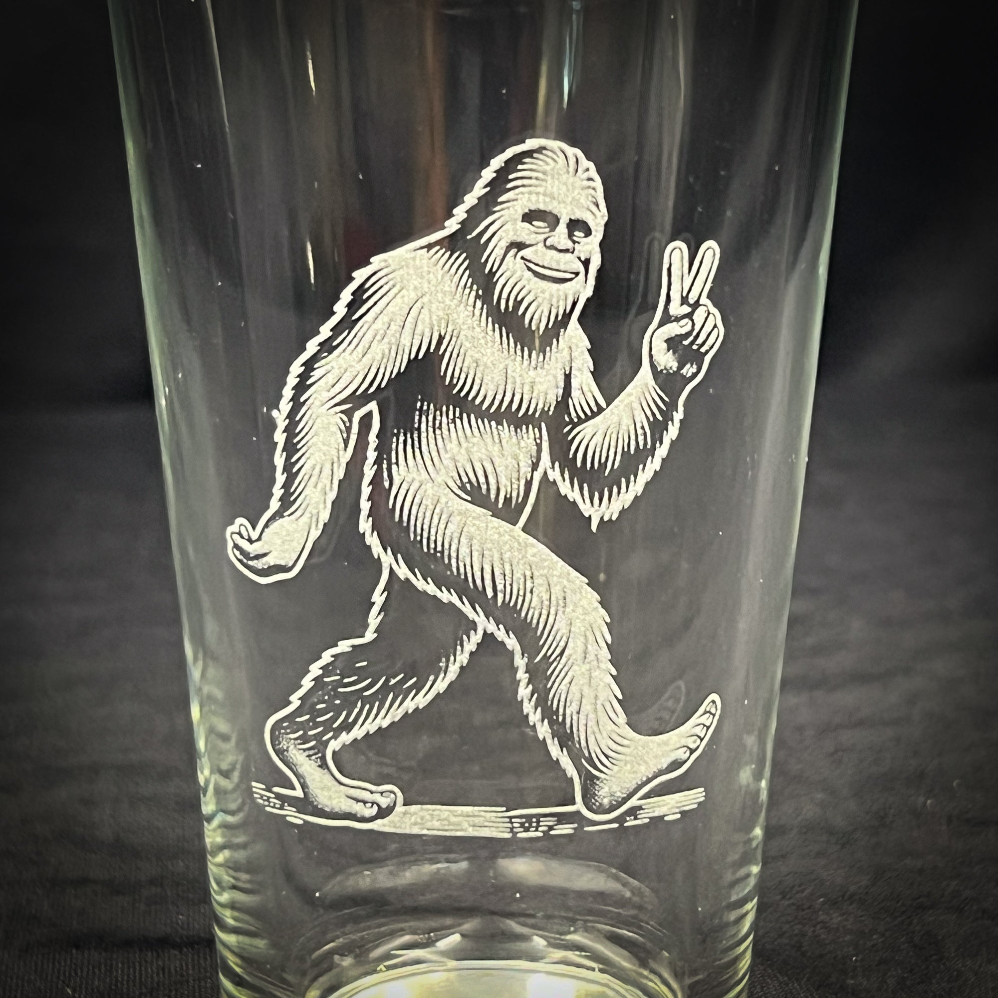 Bigfoot With Peace Sign Pint Glass – Etched Durable Beer Glass