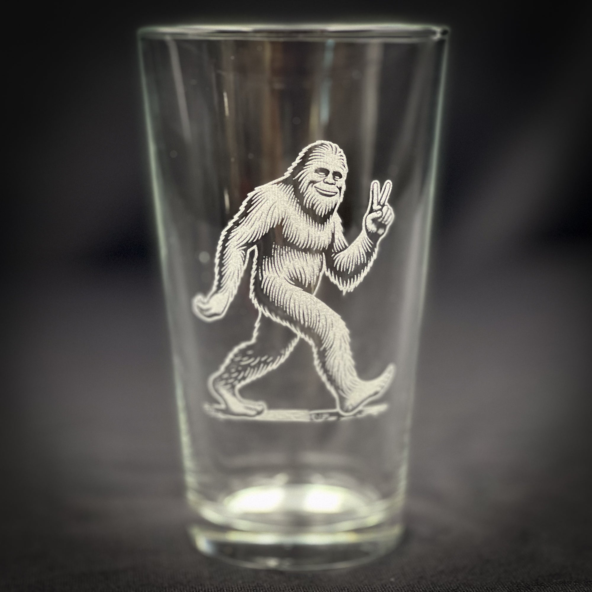 Bigfoot With Peace Sign Pint Glass – Etched Durable Beer Glass