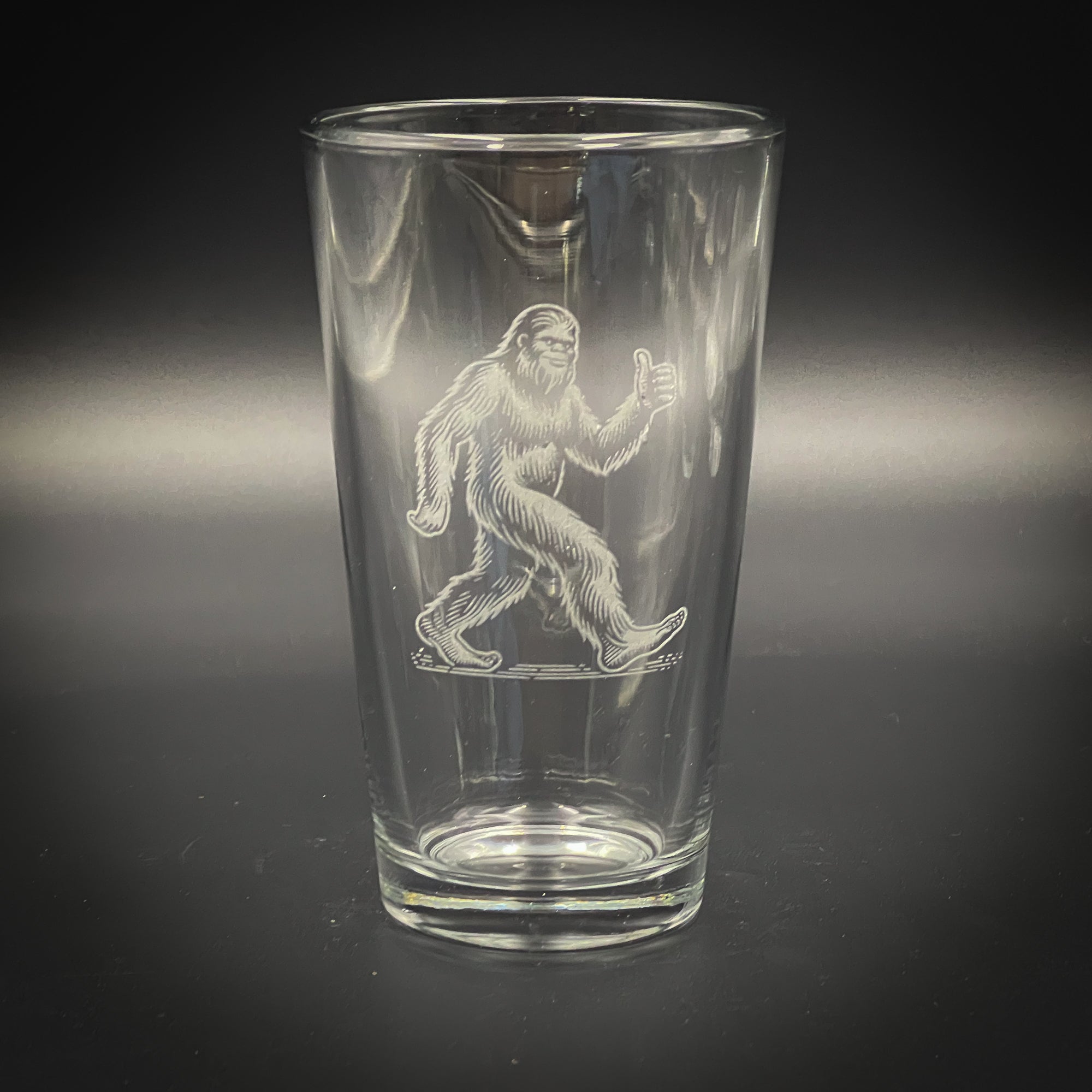 Bigfoot Laser Engraved Pint Glass (Thumbs Up, Dishwasher Safe)