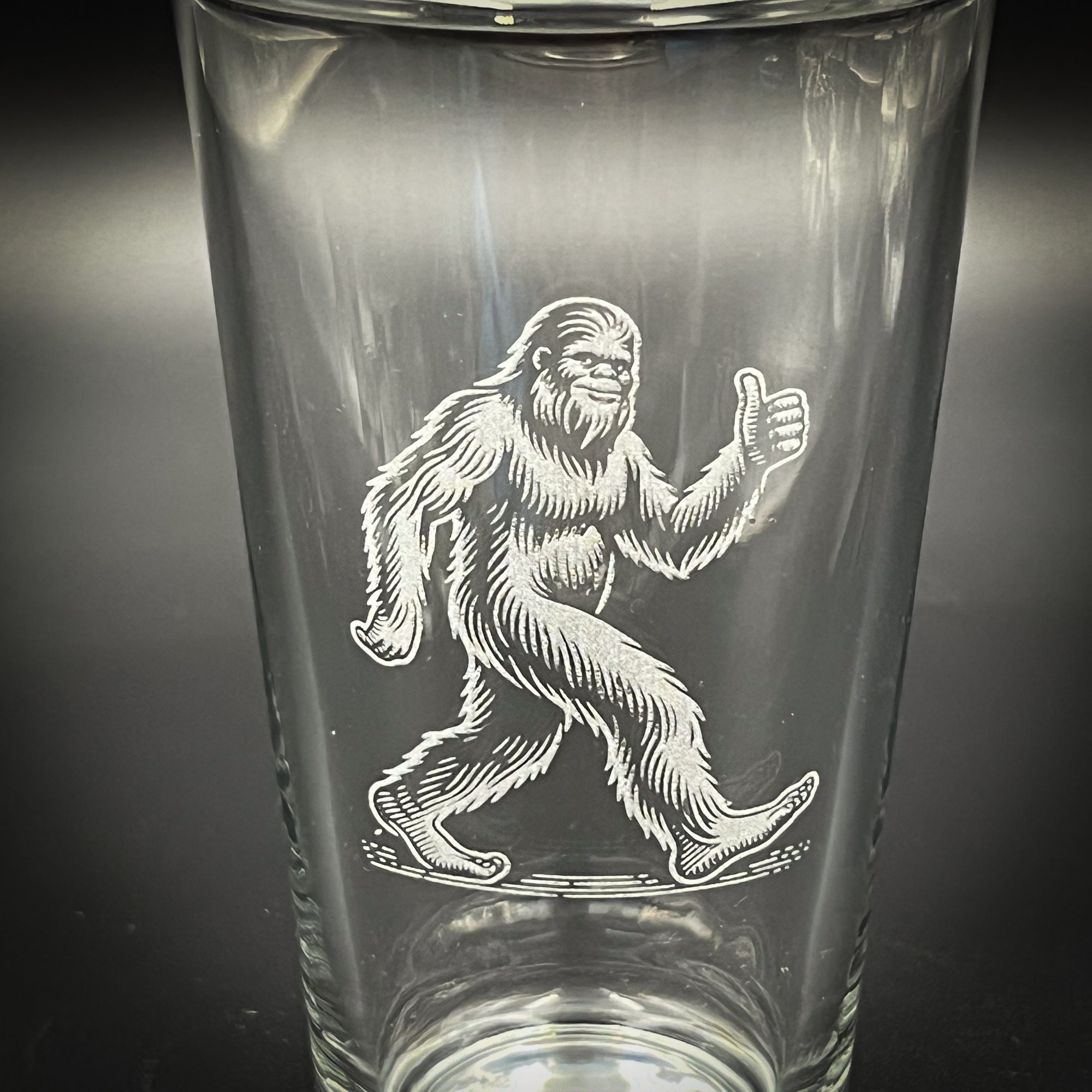 Bigfoot Laser Engraved Pint Glass (Thumbs Up, Dishwasher Safe)