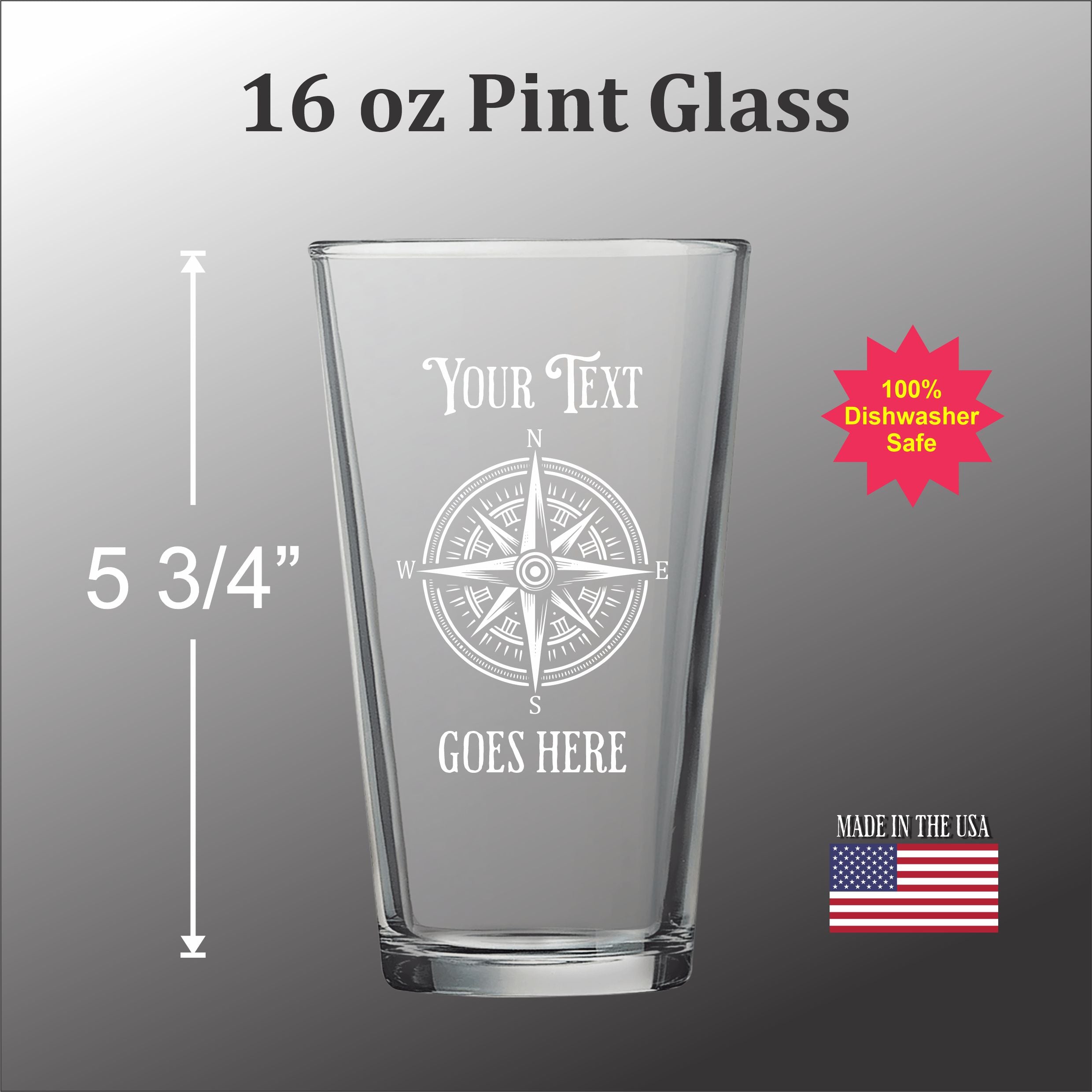 Compass Pint Glass – Vintage Etched Glassware Gift | Personalized Durable Beer Glass