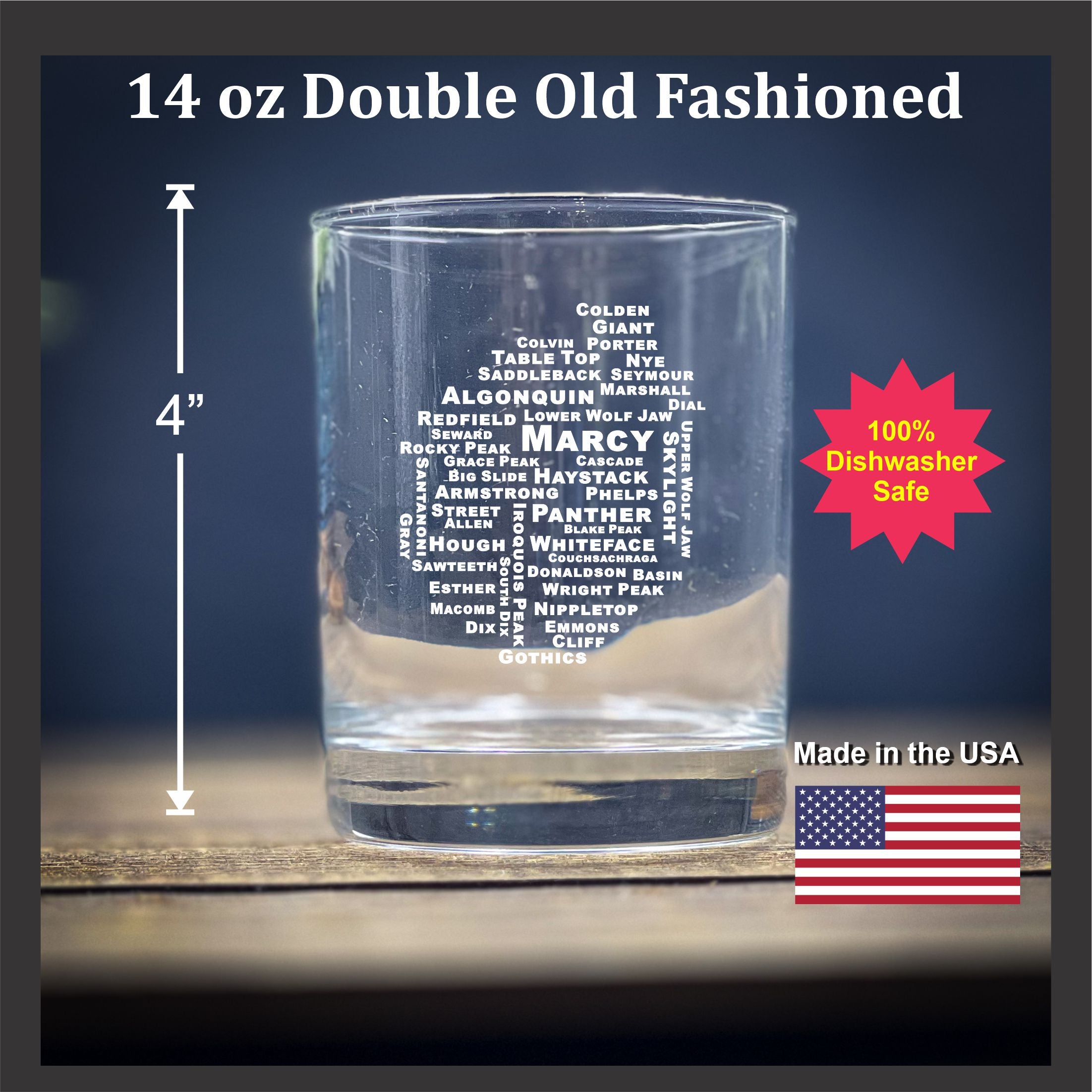 46 High Peaks Rocks Glass: Adirondack Mountains - 14 oz Double Old Fashioned
