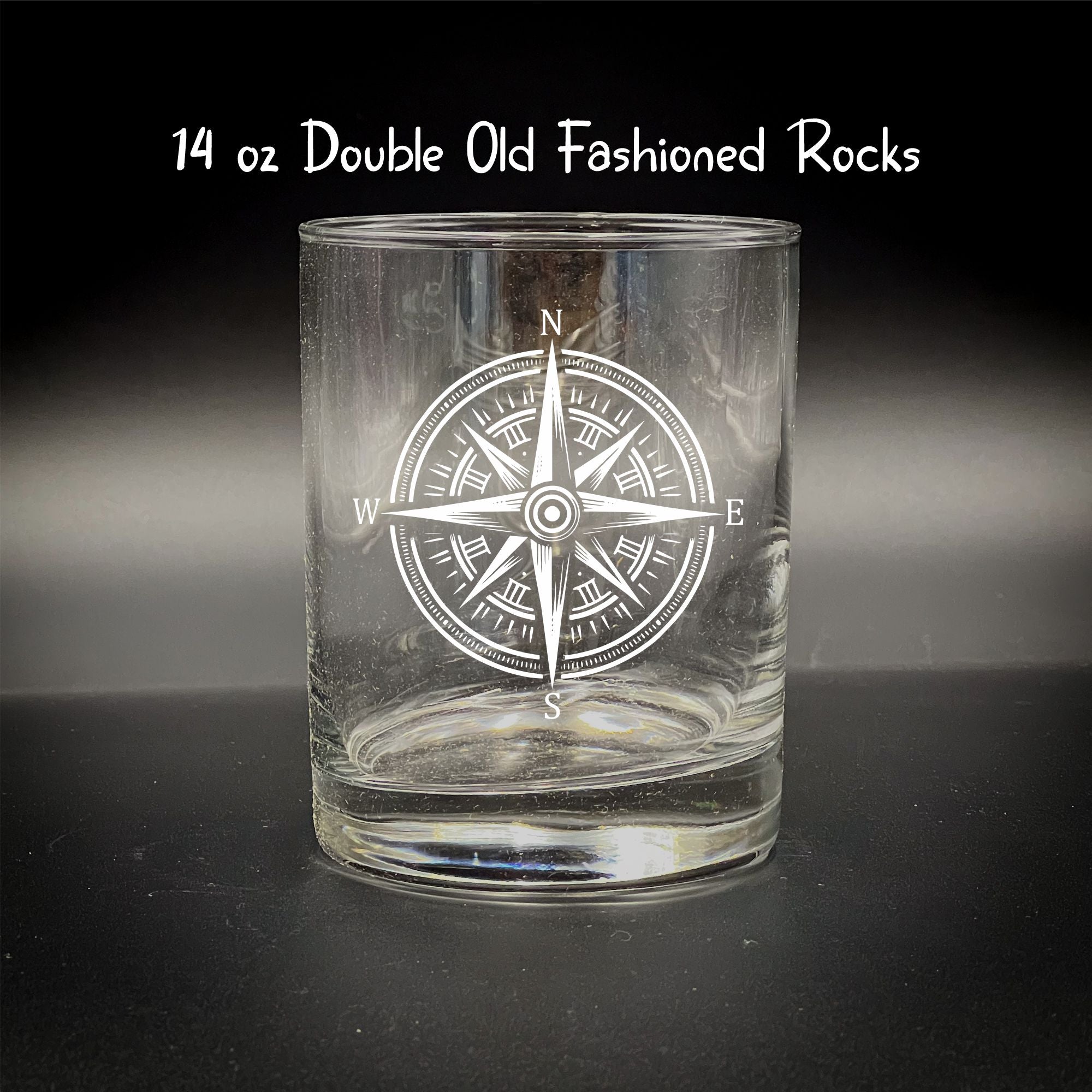Double Old Fashioned Glass - 14 oz Etched Compass Tumbler with Custom Text