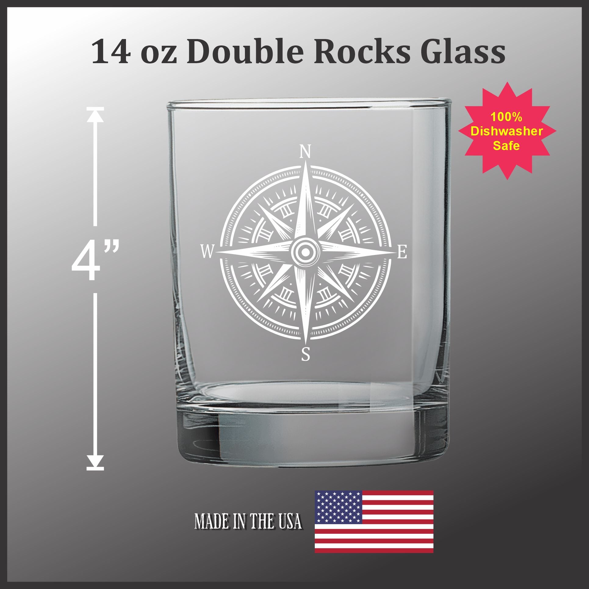 Double Old Fashioned Glass - 14 oz Etched Compass Tumbler with Custom Text