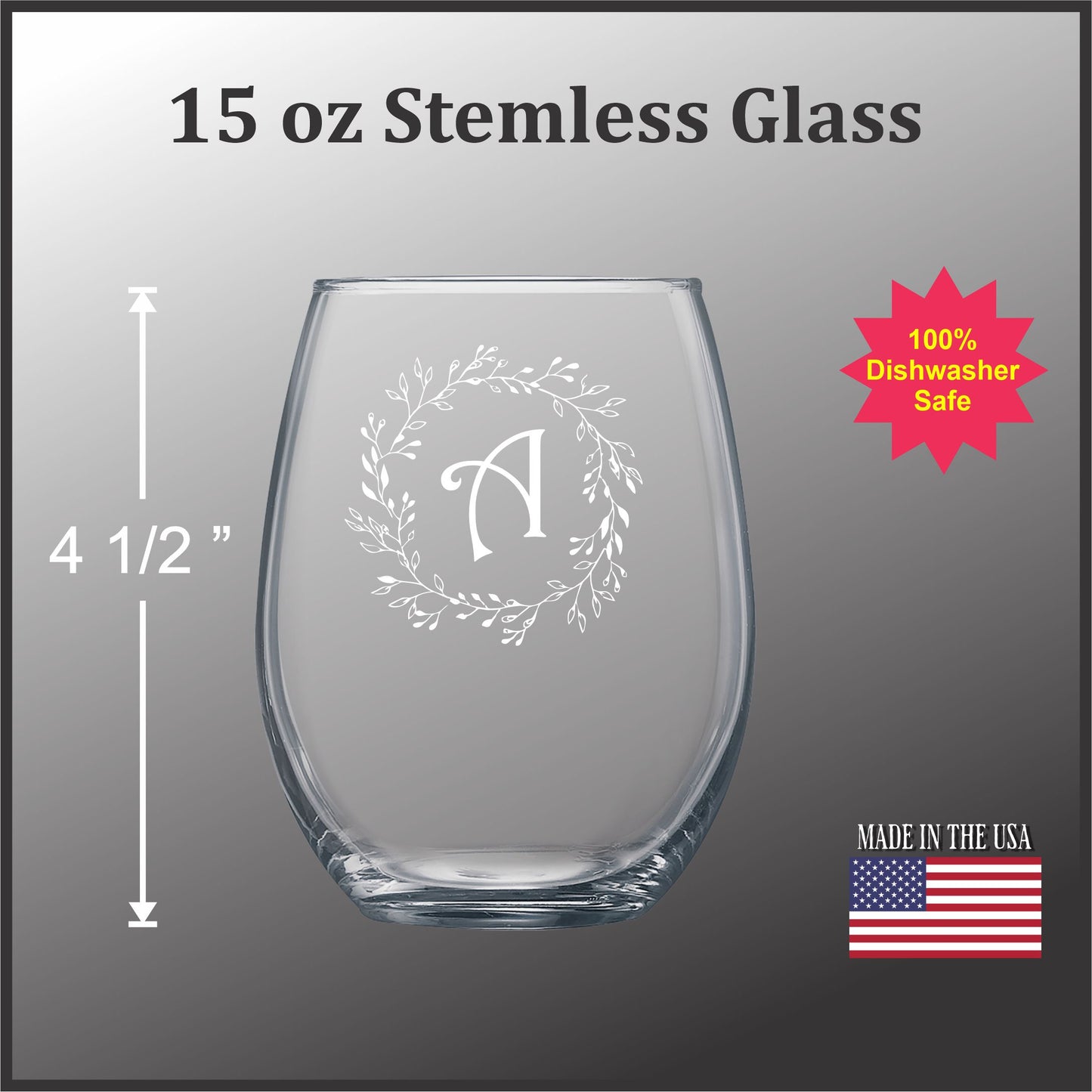 Floral Letter Custom - 15 oz Stemless Wine Glass