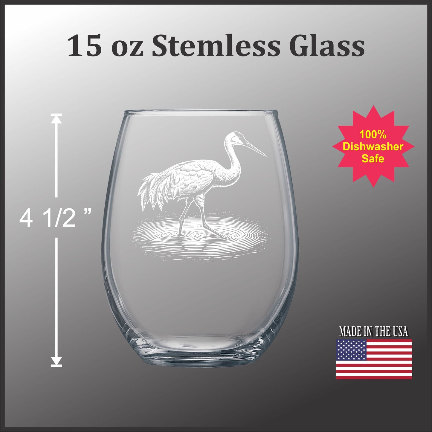 Sandhill Crane - 15 oz Stemless Wine Glass
