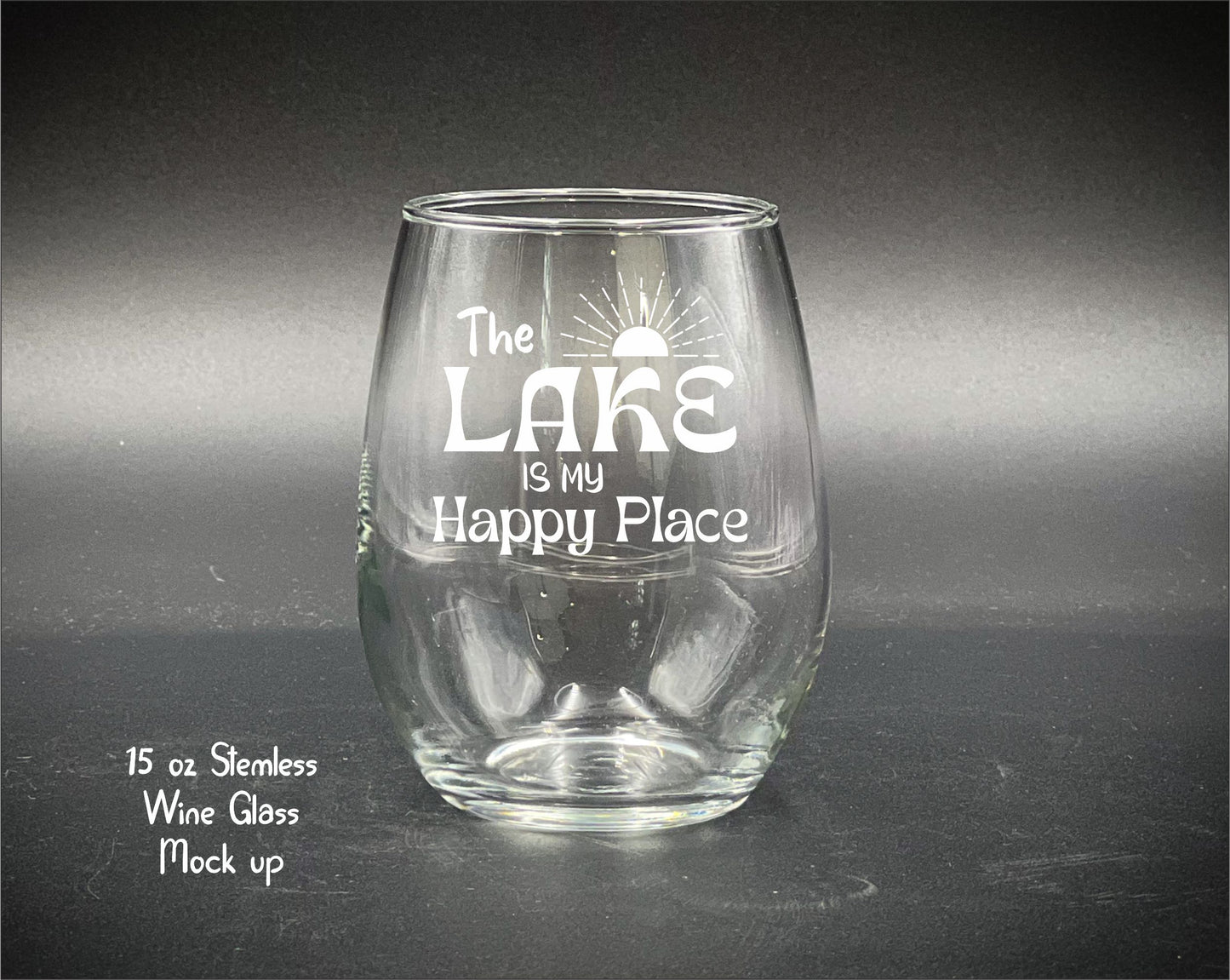 The lake in my Happy Place - Etched 15 oz Stemless Wine Glass