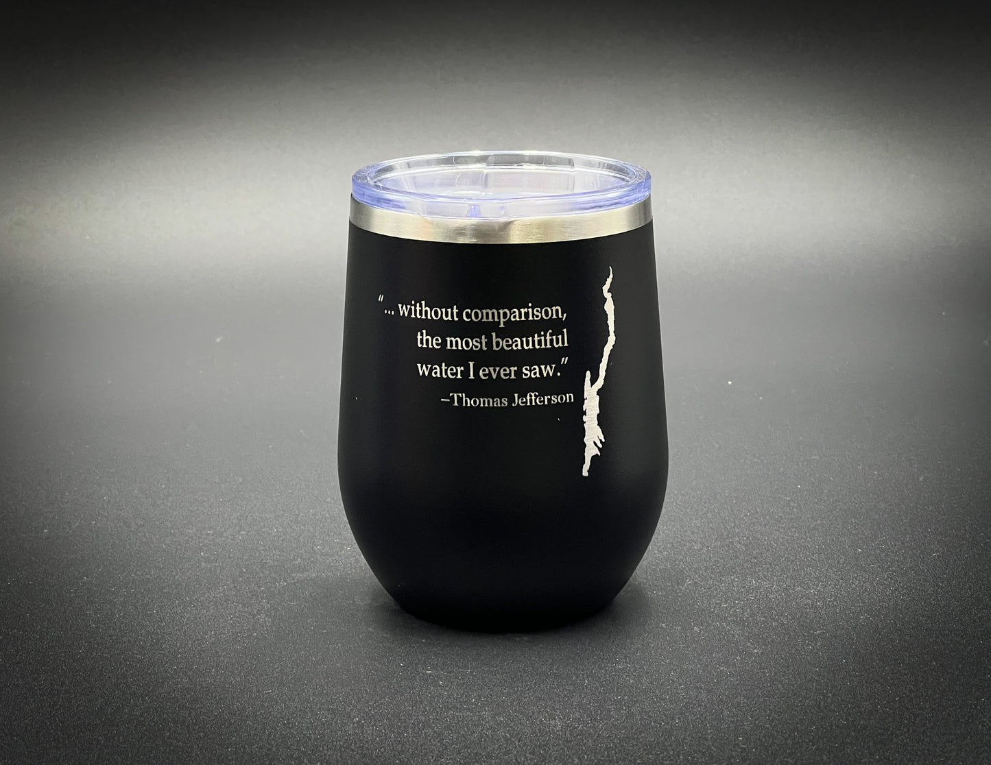 Lake George with Thomas Jefferson quote   12 oz Insulated Stemless Wine