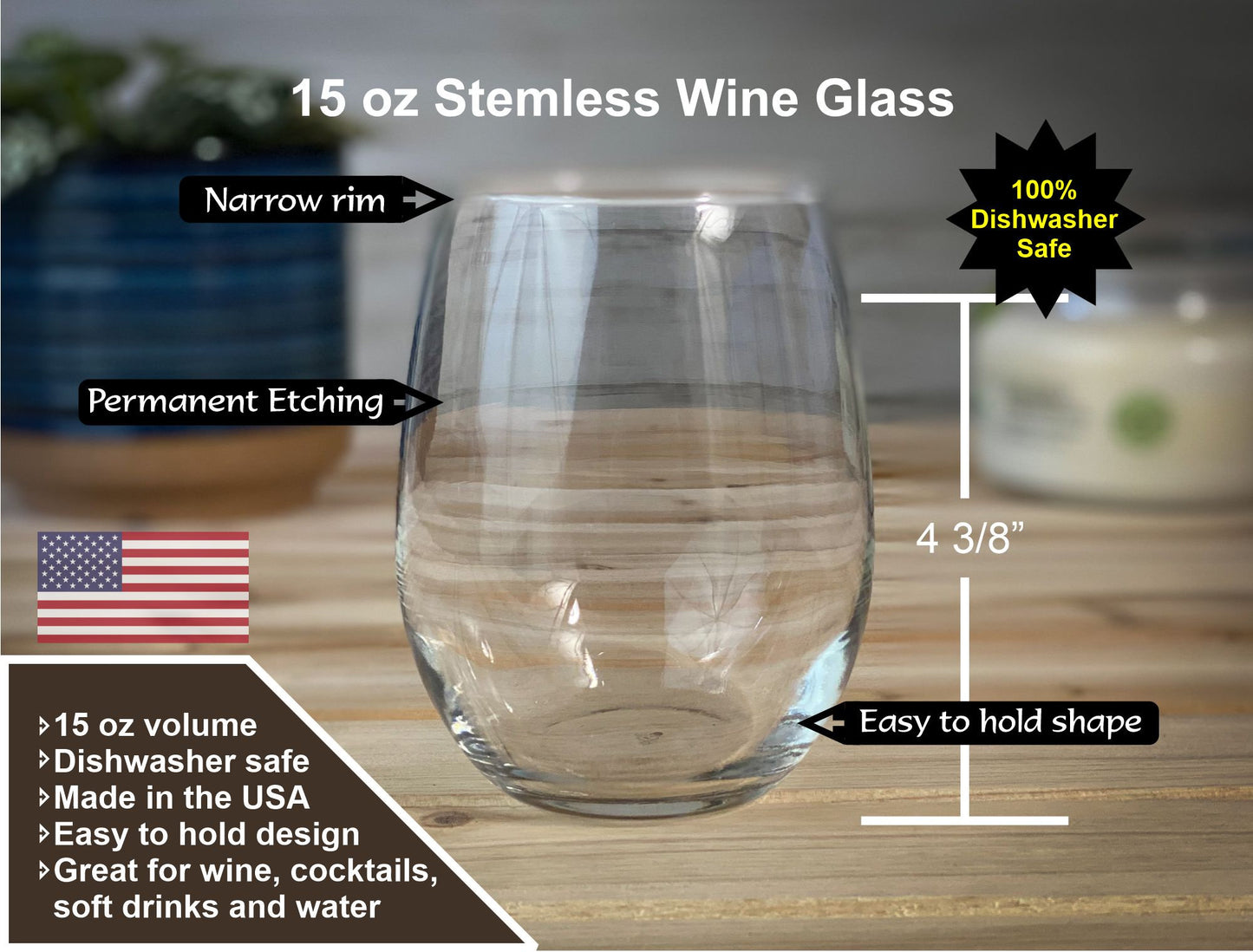 Cape Cod - Etched 15 oz Stemless Wine Glass