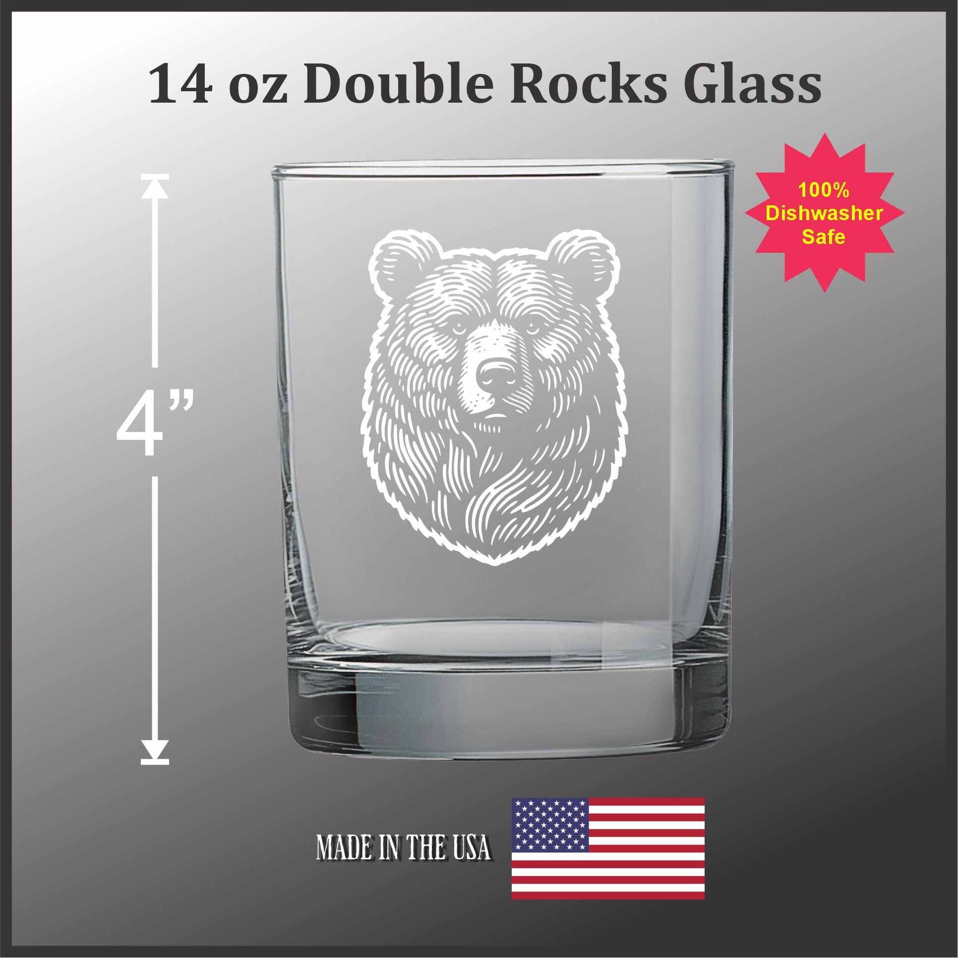 a 14 oz Double Rocks glass with a bear etched into it. The glass is made in the USA and is described as a "safe" and "diswasher-safe" product.