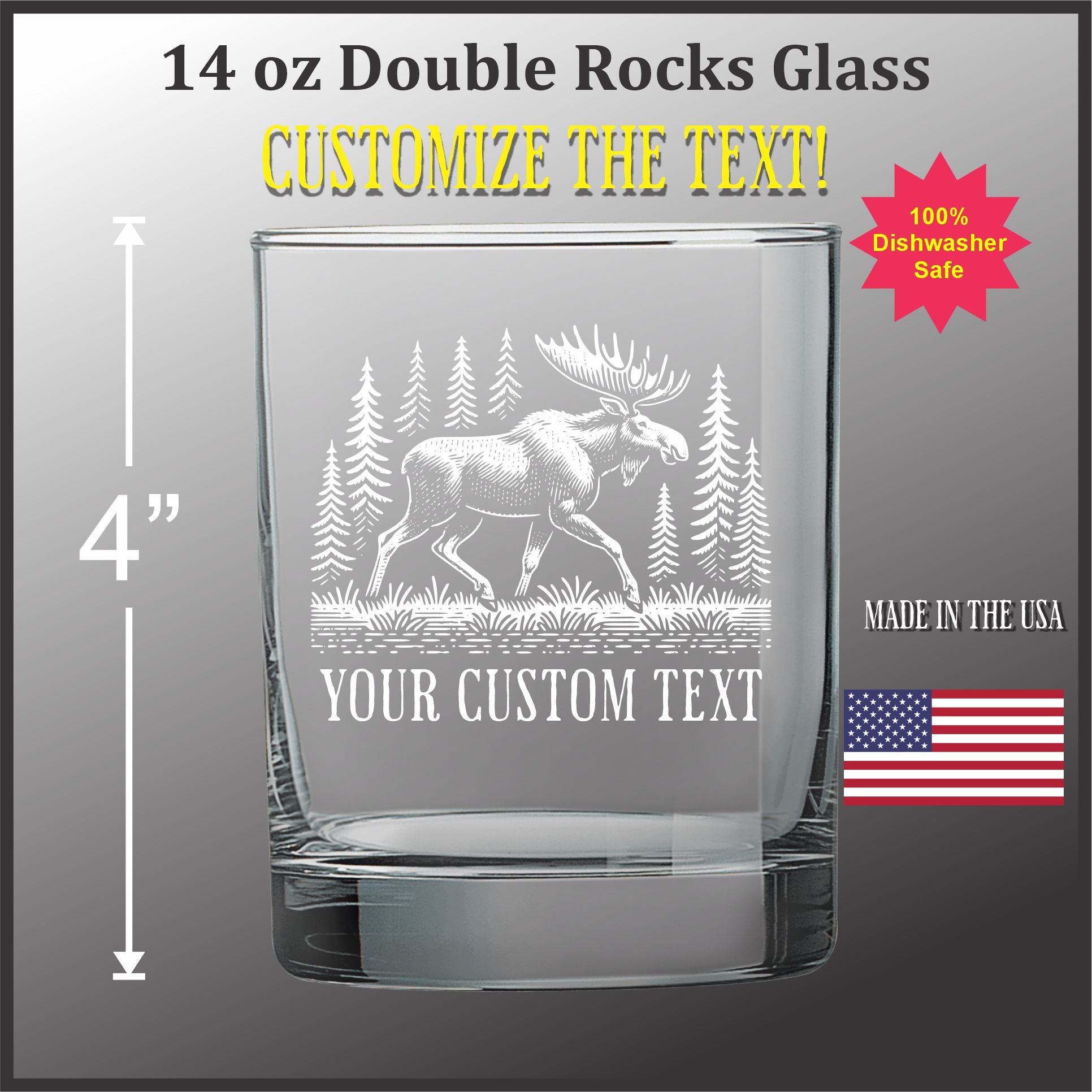 A 14 oz glass with a custom text etched into it, featuring a moose in a forest setting.