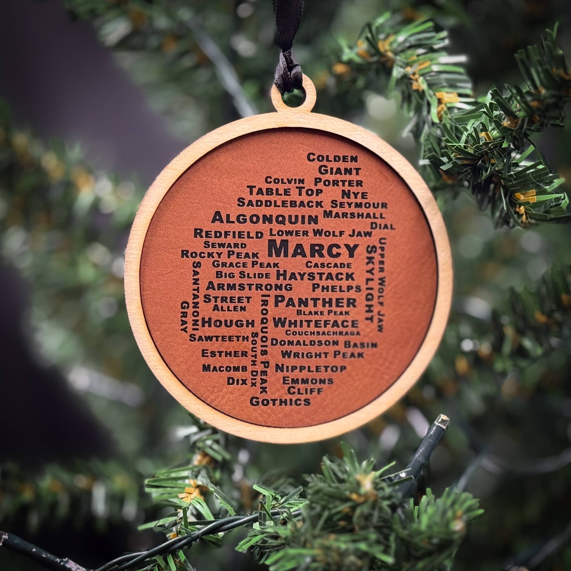 46 High Peaks Adirondacks Wood and Leatherette Ornament