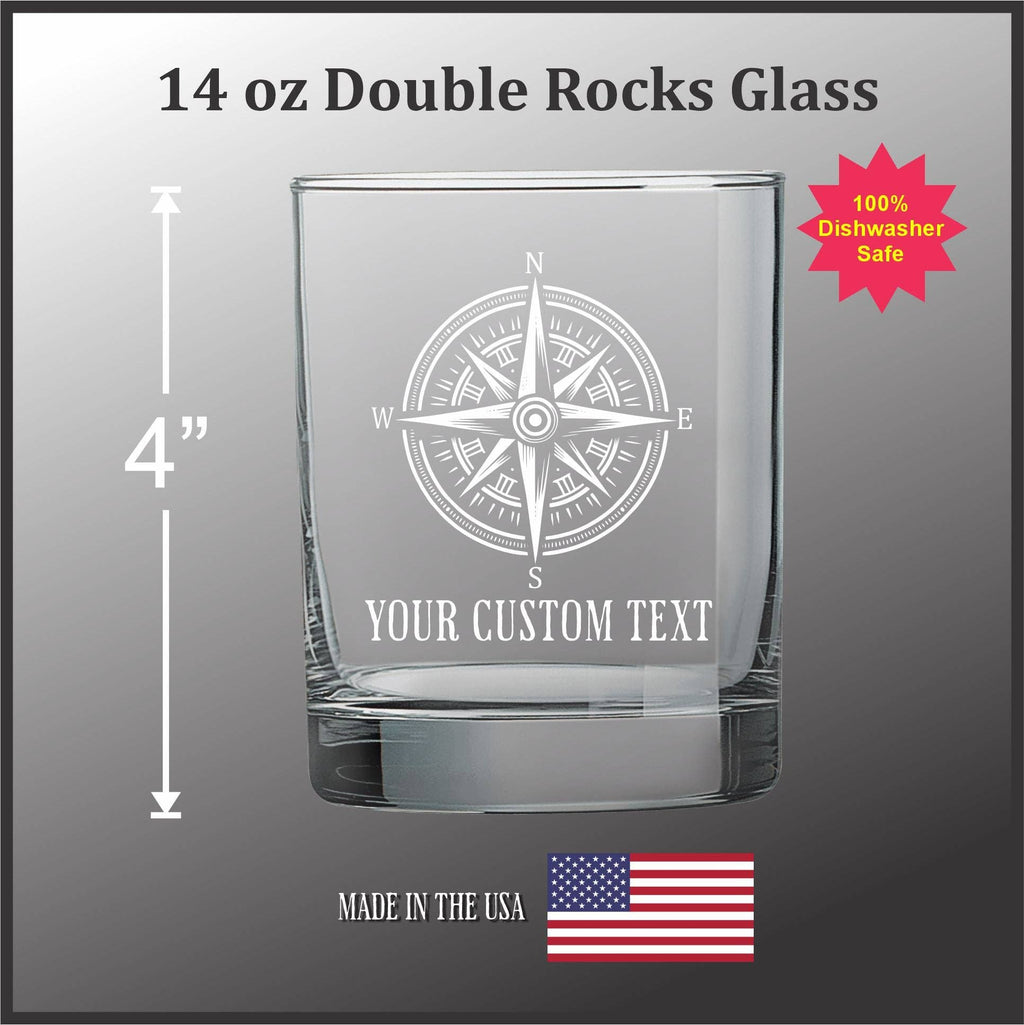 Compass - 14 oz Etched Rocks Glass with Custom Text