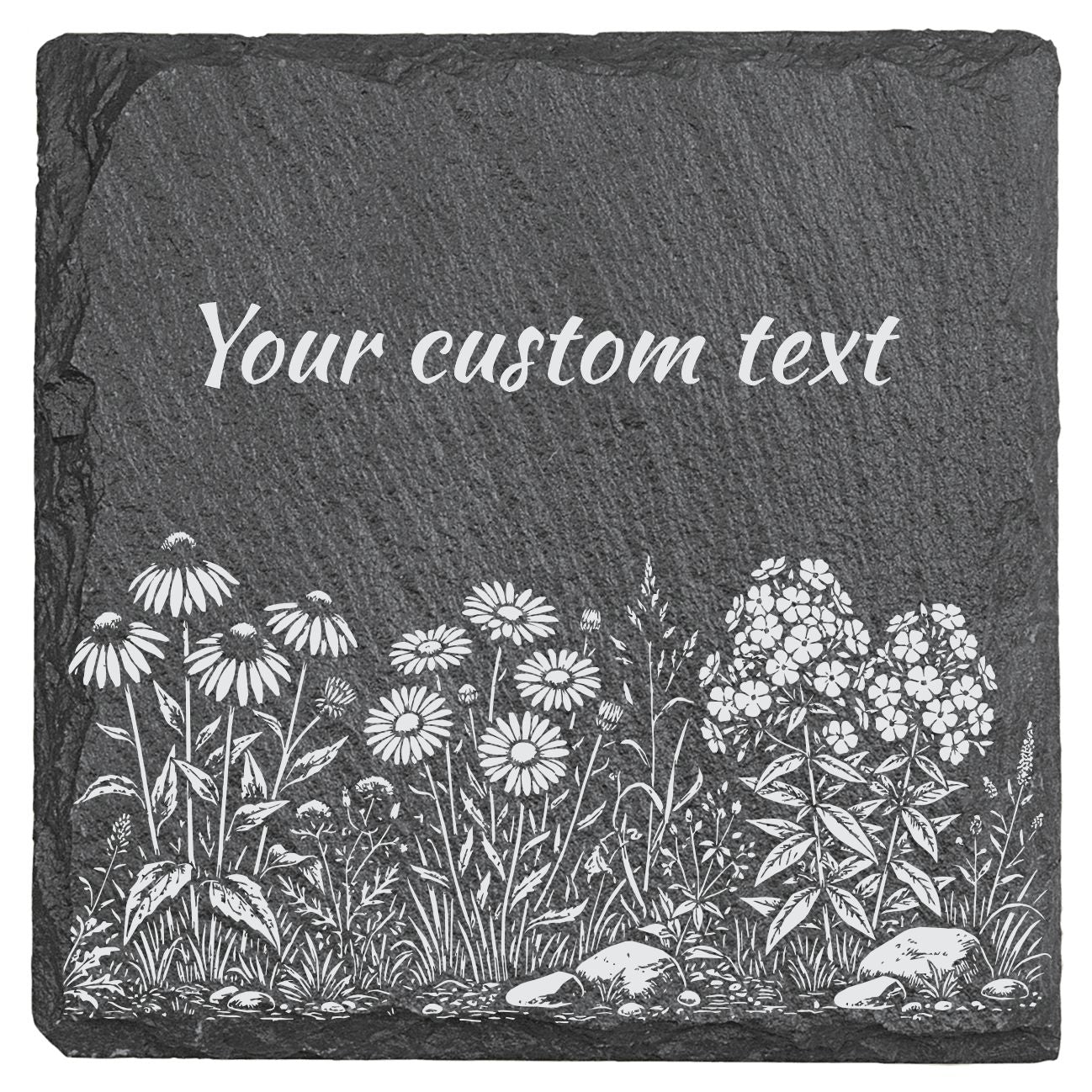 A black and white image featuring a garden scene with various flowers and plants, along with the text "Your custom text" written in the center.