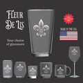 a collection of glassware with a fleur-de-lis design, including wine glasses, cups, and mugs.
