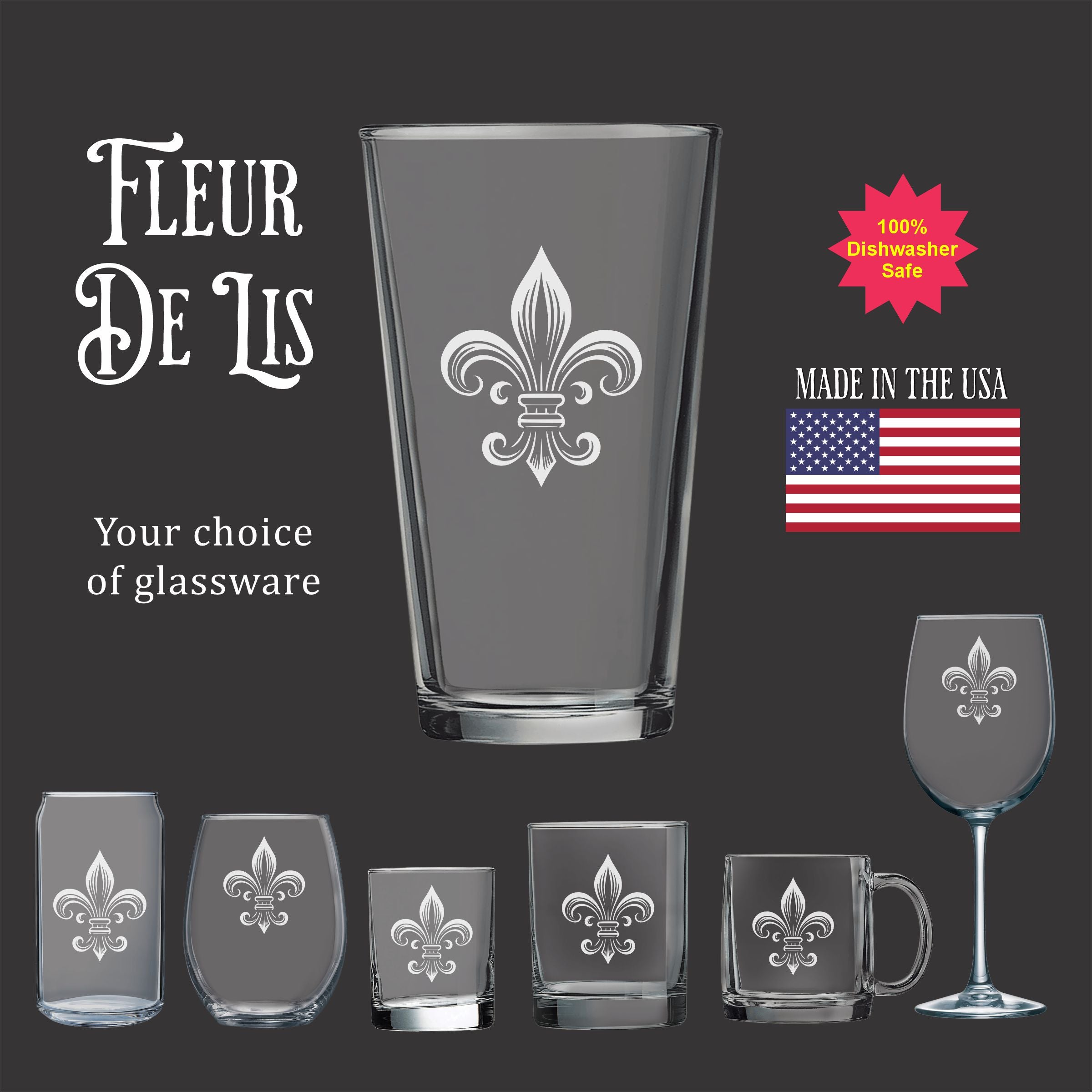 a collection of glassware with a fleur-de-lis design, including wine glasses, cups, and mugs.