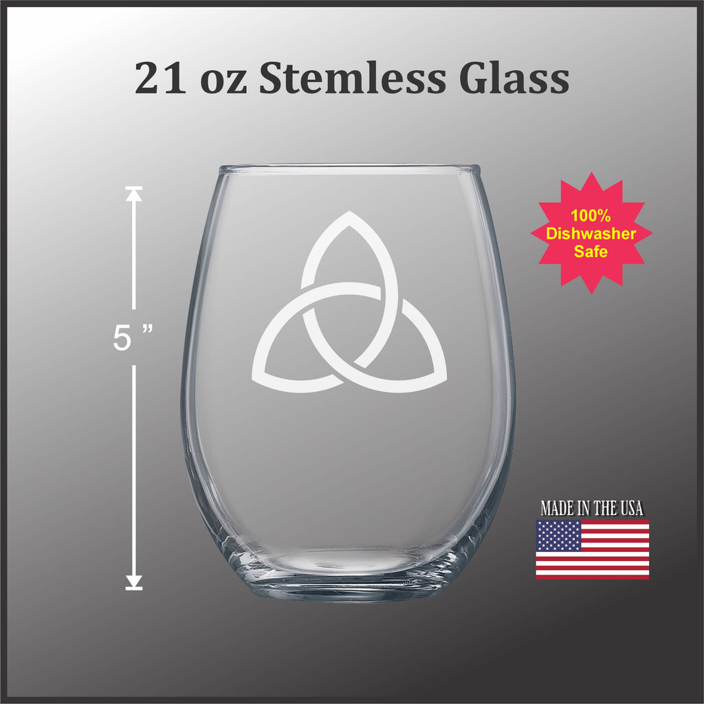 a stemless glass with a white design on it, and there is a 5-inch line indicating the size of the glass.
