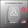 a stemless glass with a white design on it, and there is a 5-inch line indicating the size of the glass.