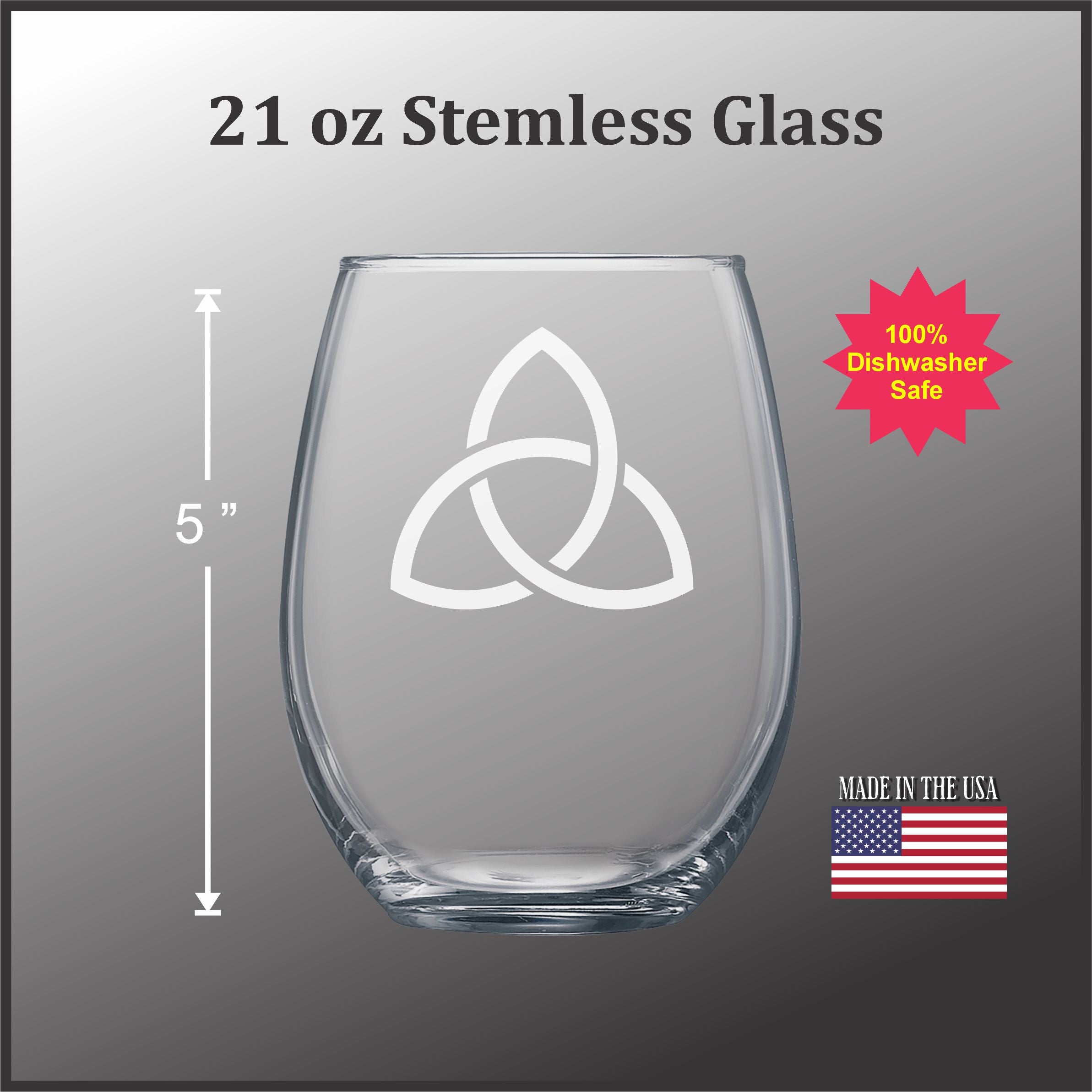 a stemless glass with a white design on it, and there is a 5-inch line indicating the size of the glass.