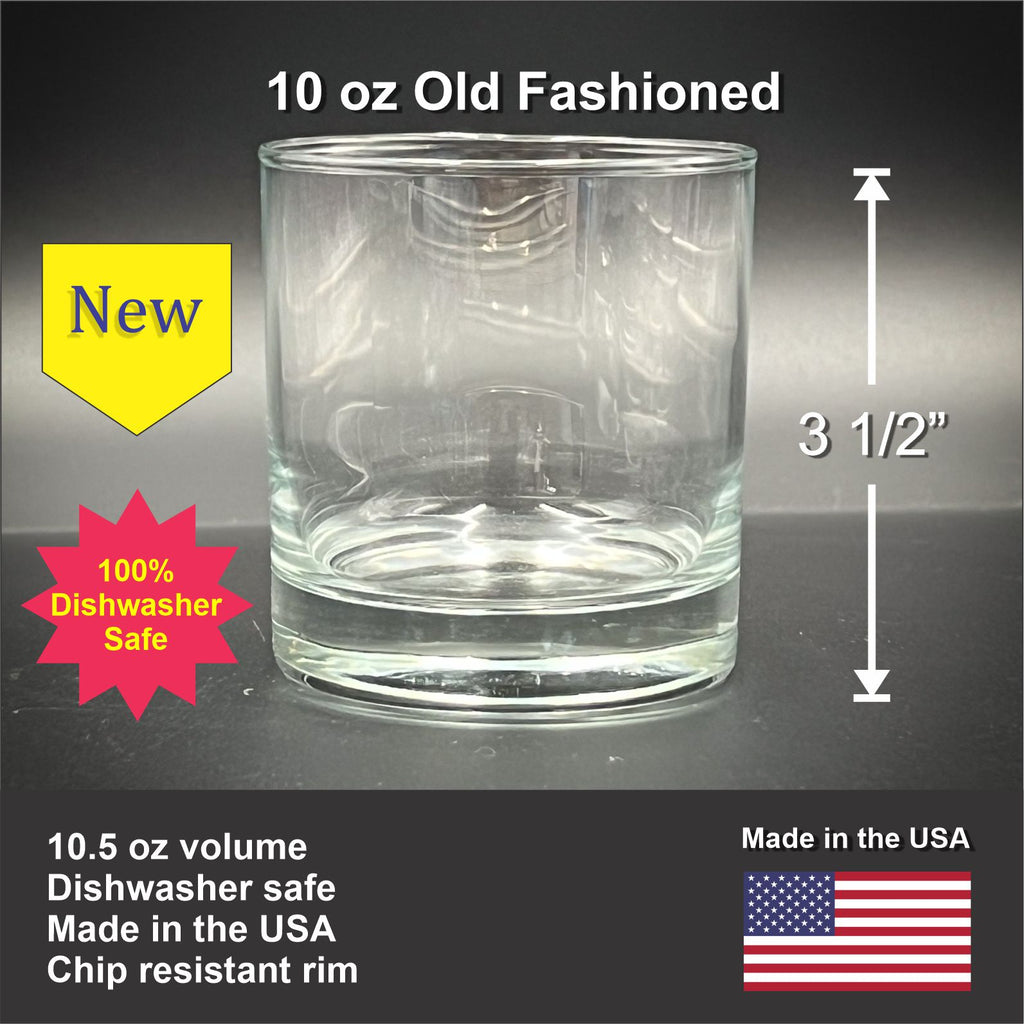 a clear glass with a label indicating it is a 10 oz. Old fashioned glass, made in the USA. The glass is described as "100% Dishwasher Safe" and "Made in the USA". The image also includes a sticker with a yellow star and text, and a graphic of an American flag.
