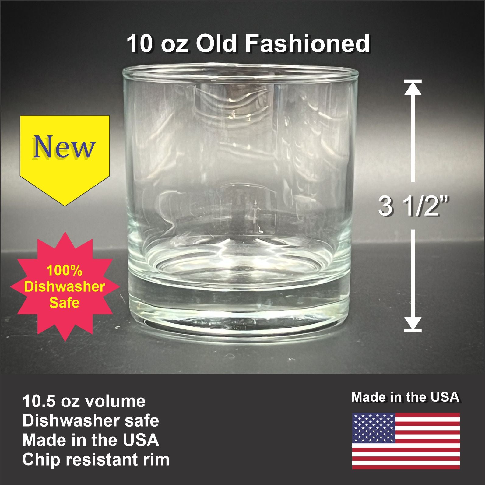 a clear glass with a label indicating it is a 10 oz. Old fashioned glass, made in the USA. The glass is described as "100% Dishwasher Safe" and "Made in the USA". The image also includes a sticker with a yellow star and text, and a graphic of an American flag.