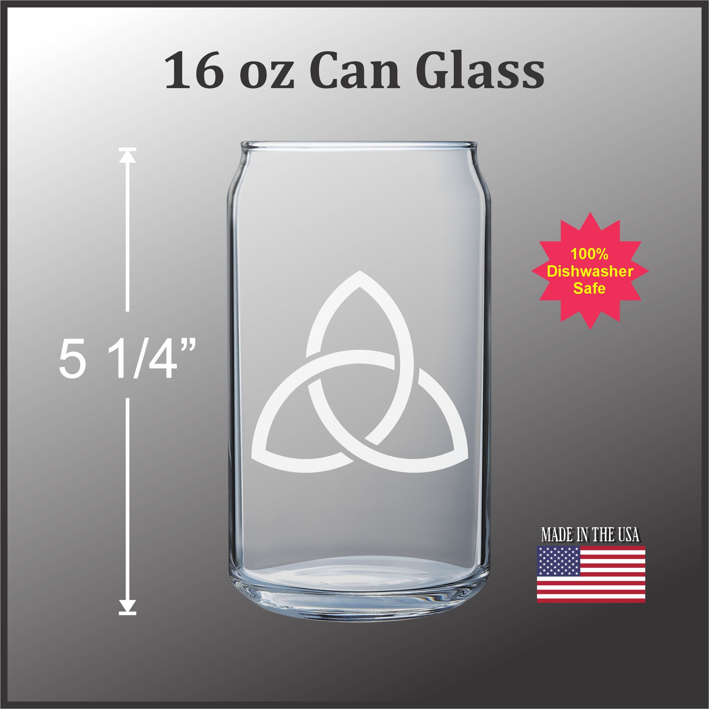 a 16 oz Can Glass with a white design on it.