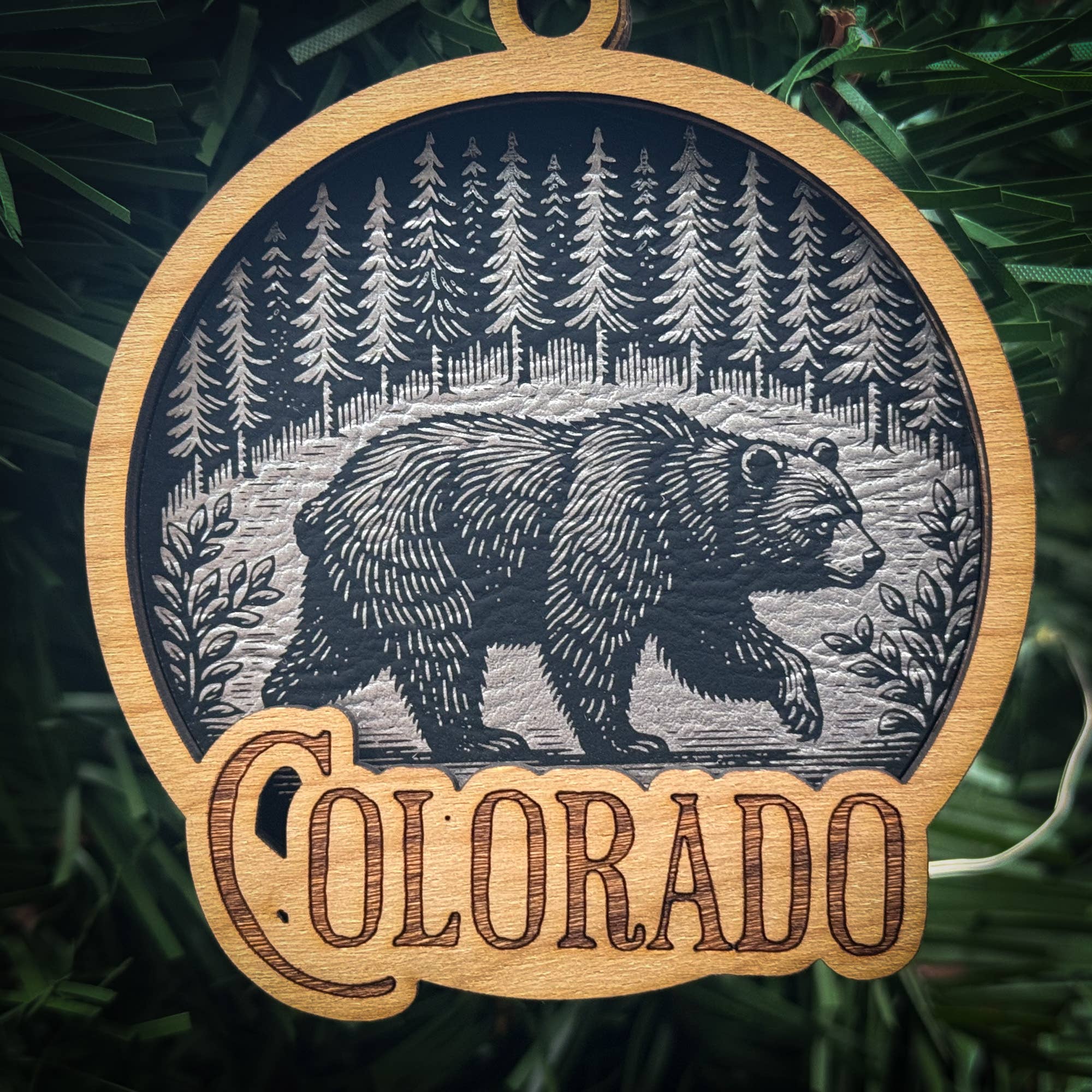 Bear in a Forest Wood Ornament 3 Layered