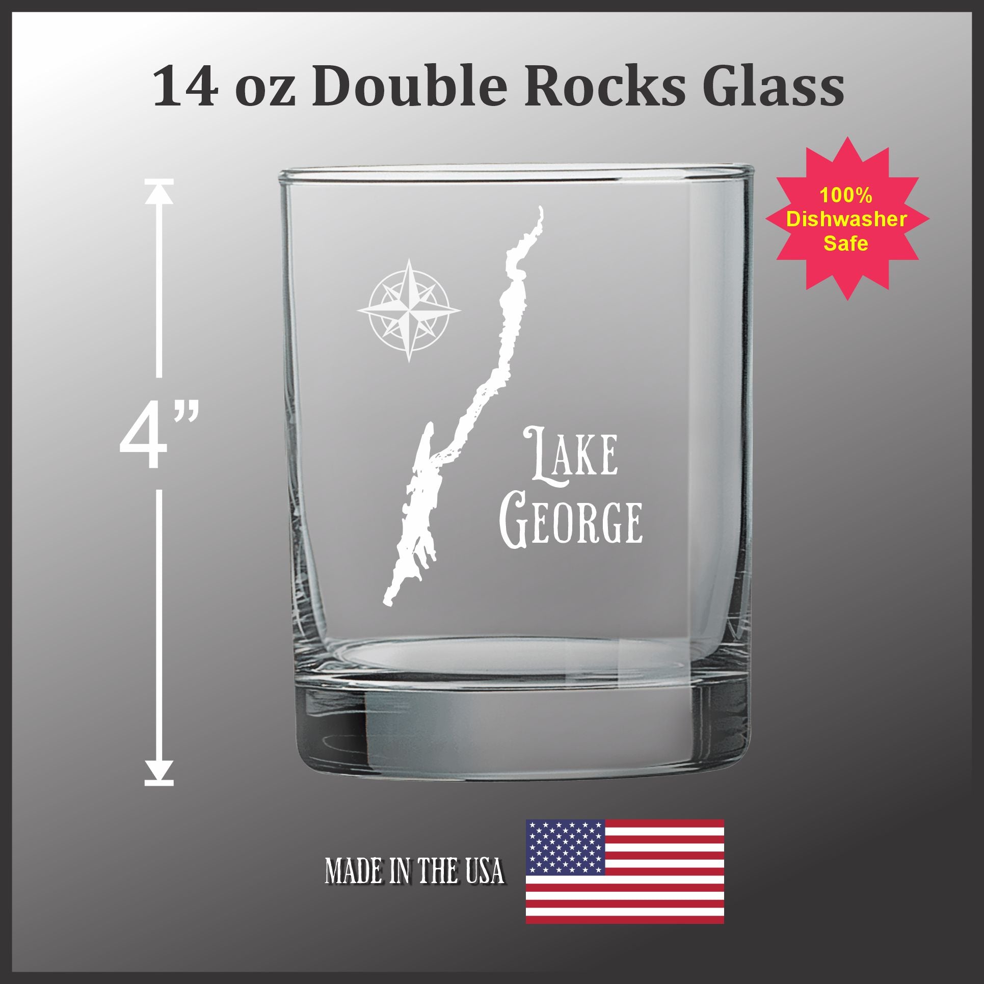 A 14 oz glass with a double rocks design and the name "Lake George" printed on it. The glass is made in the USA and has a 4" diameter.