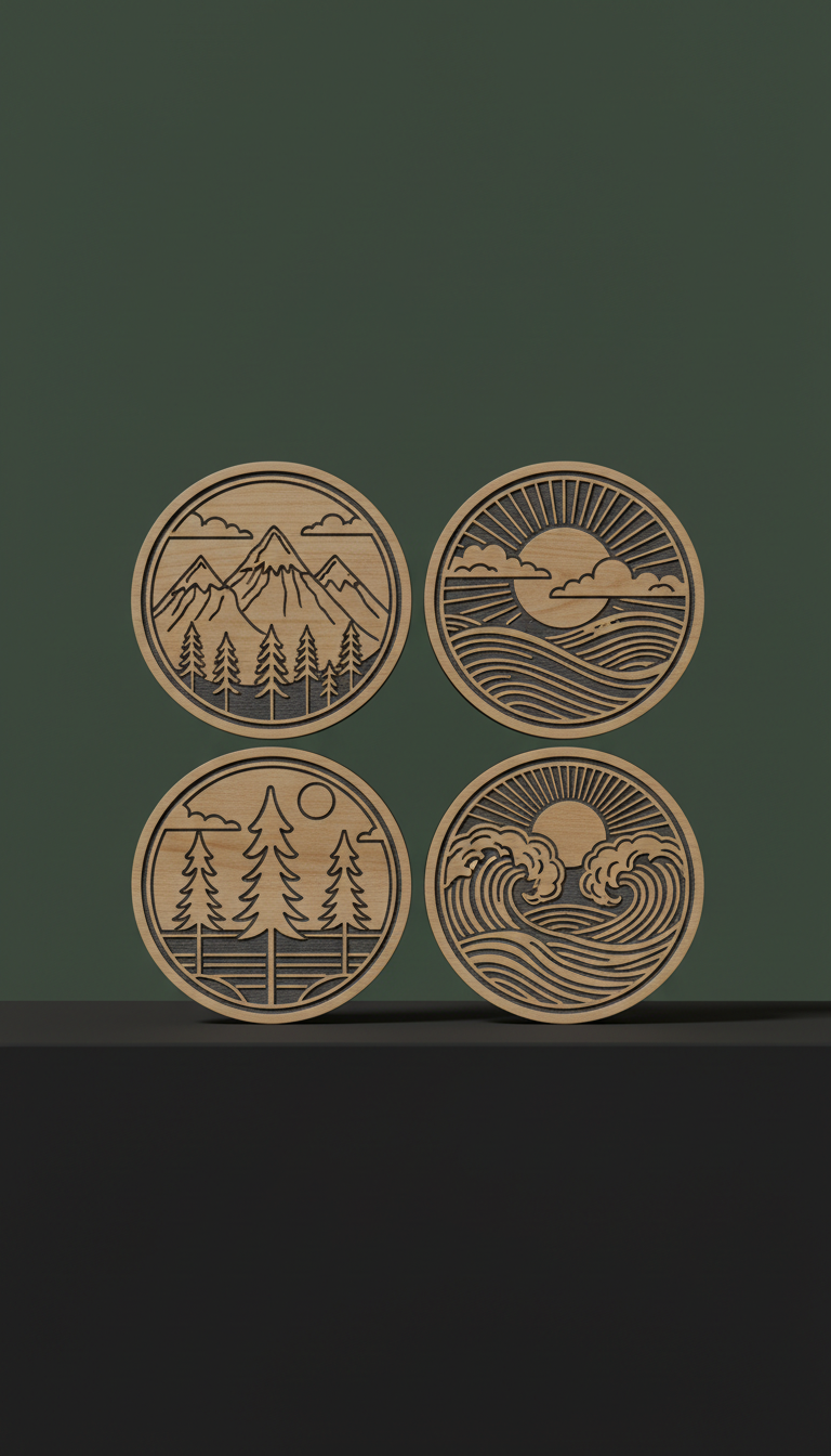 Walnut coaster set with forest linework