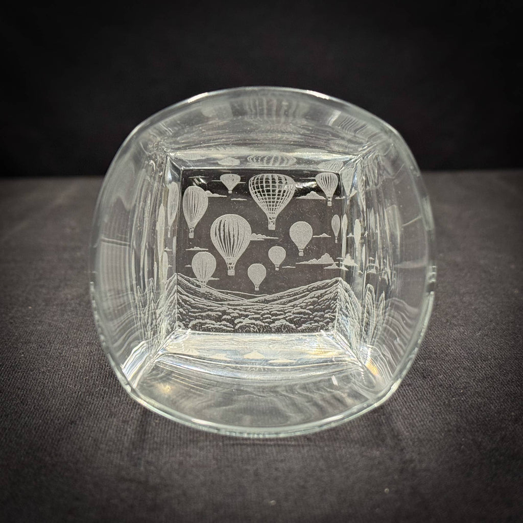 Hot Air Balloons - Bottom Etched 10 oz Square Rocks Glass