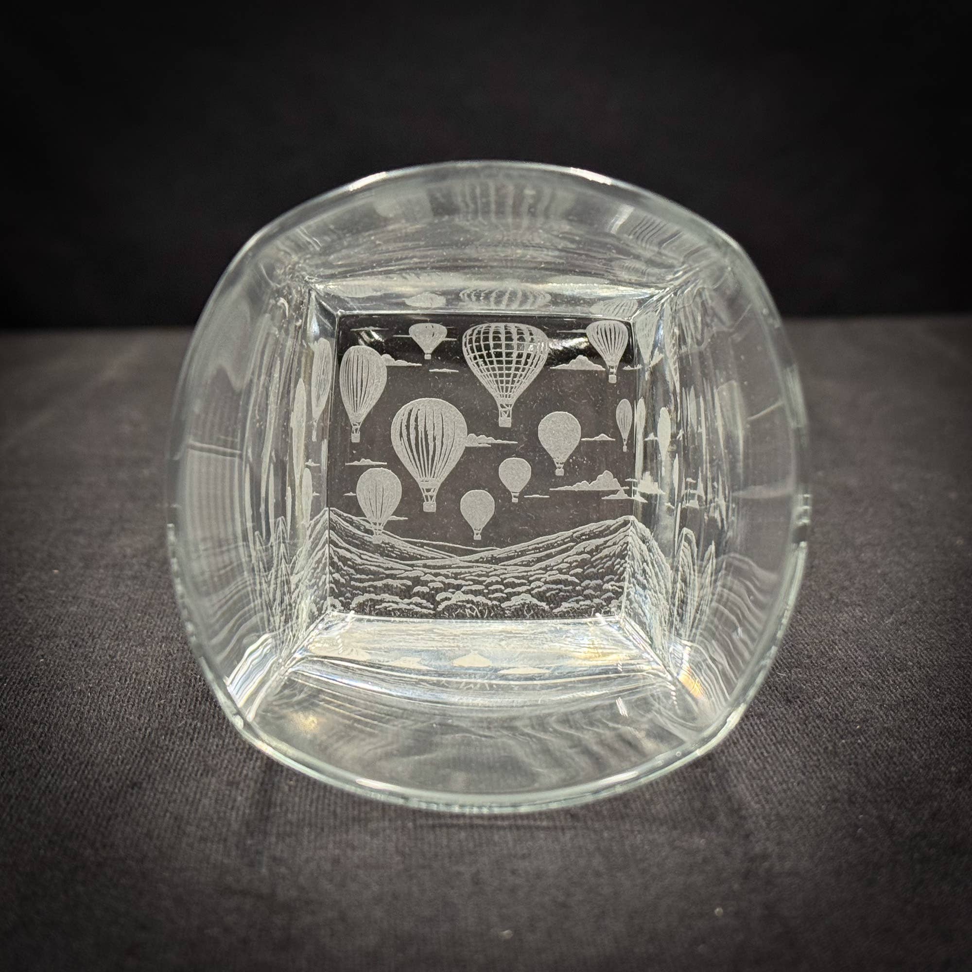 Hot Air Balloons - Bottom Etched 10 oz Square Rocks Glass