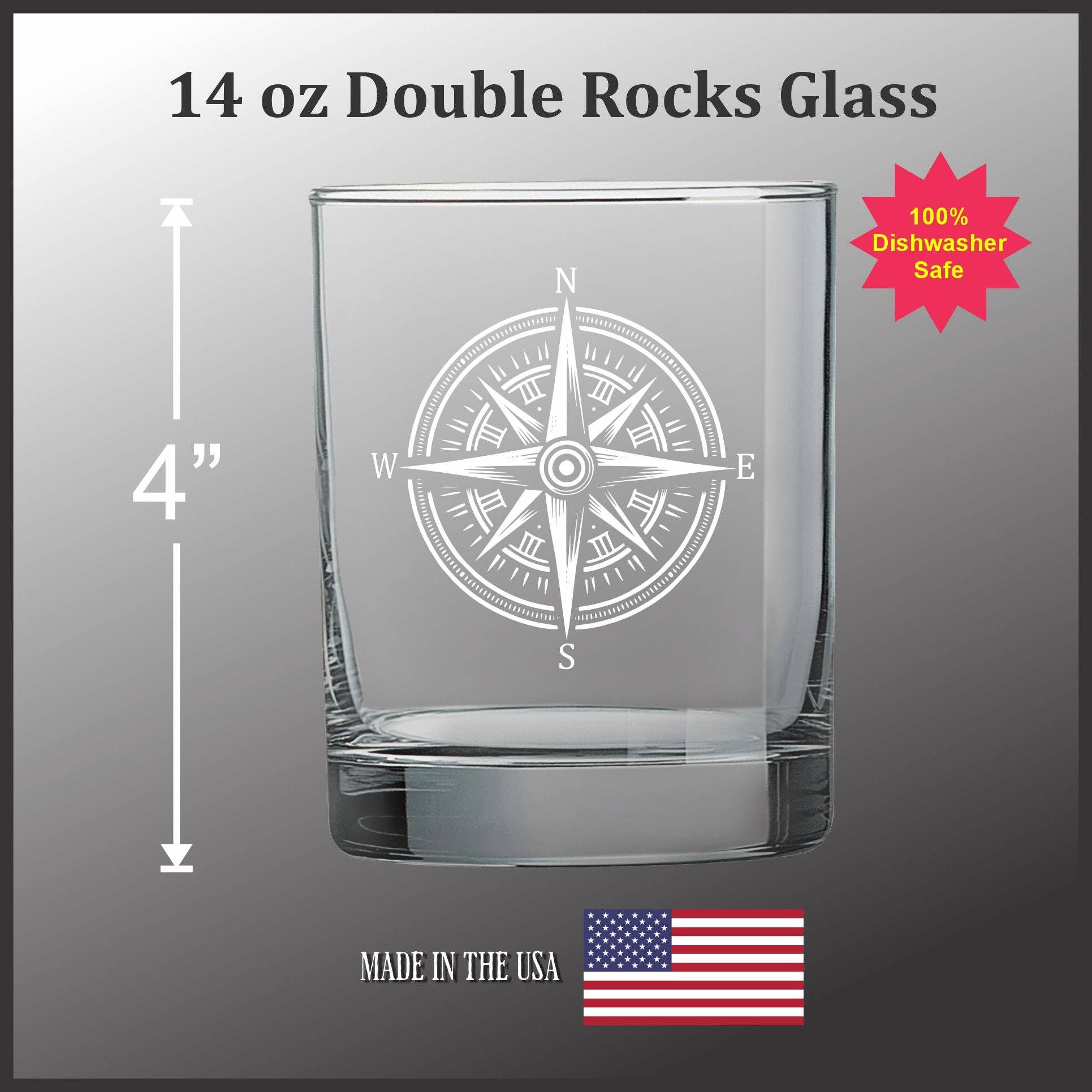 Double Old Fashioned Glass - 14 oz Etched Compass Tumbler with Custom Text