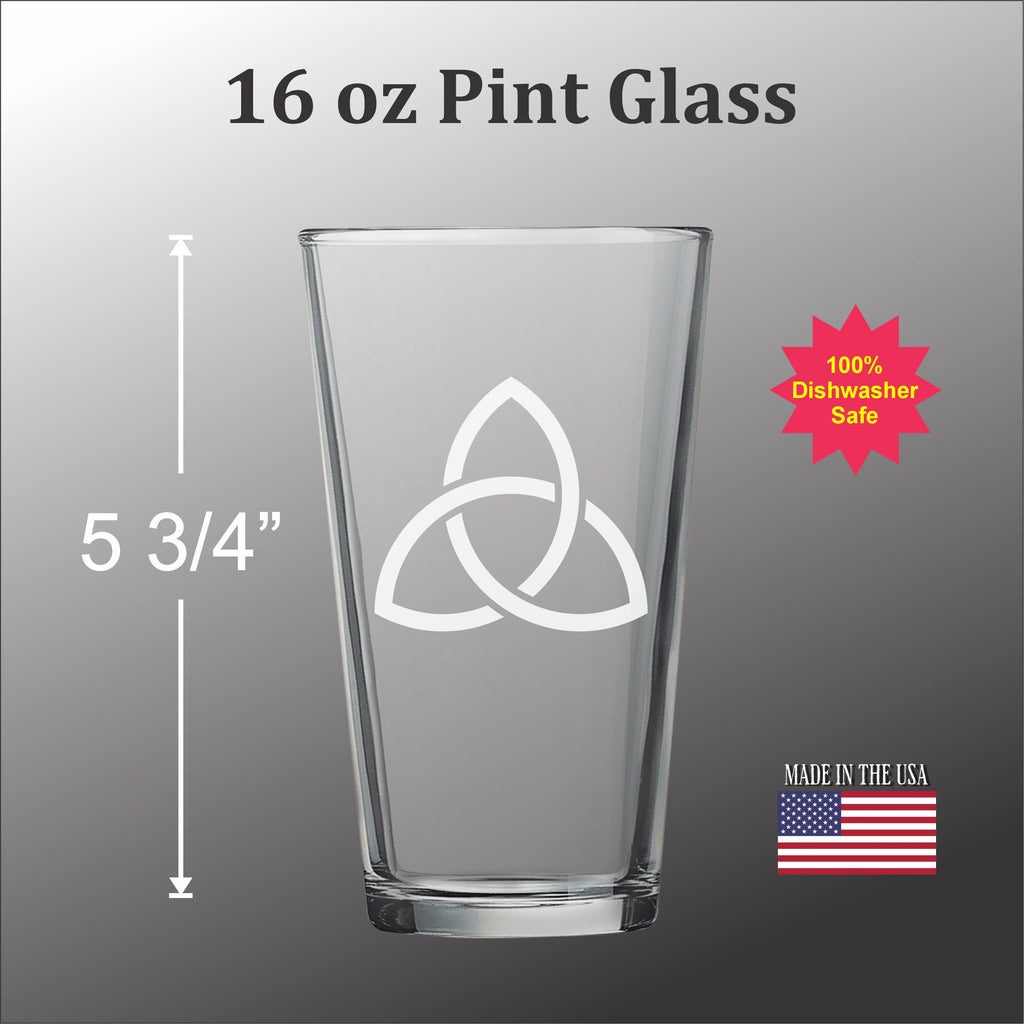 a 16 oz Pint glass with a white design on it.