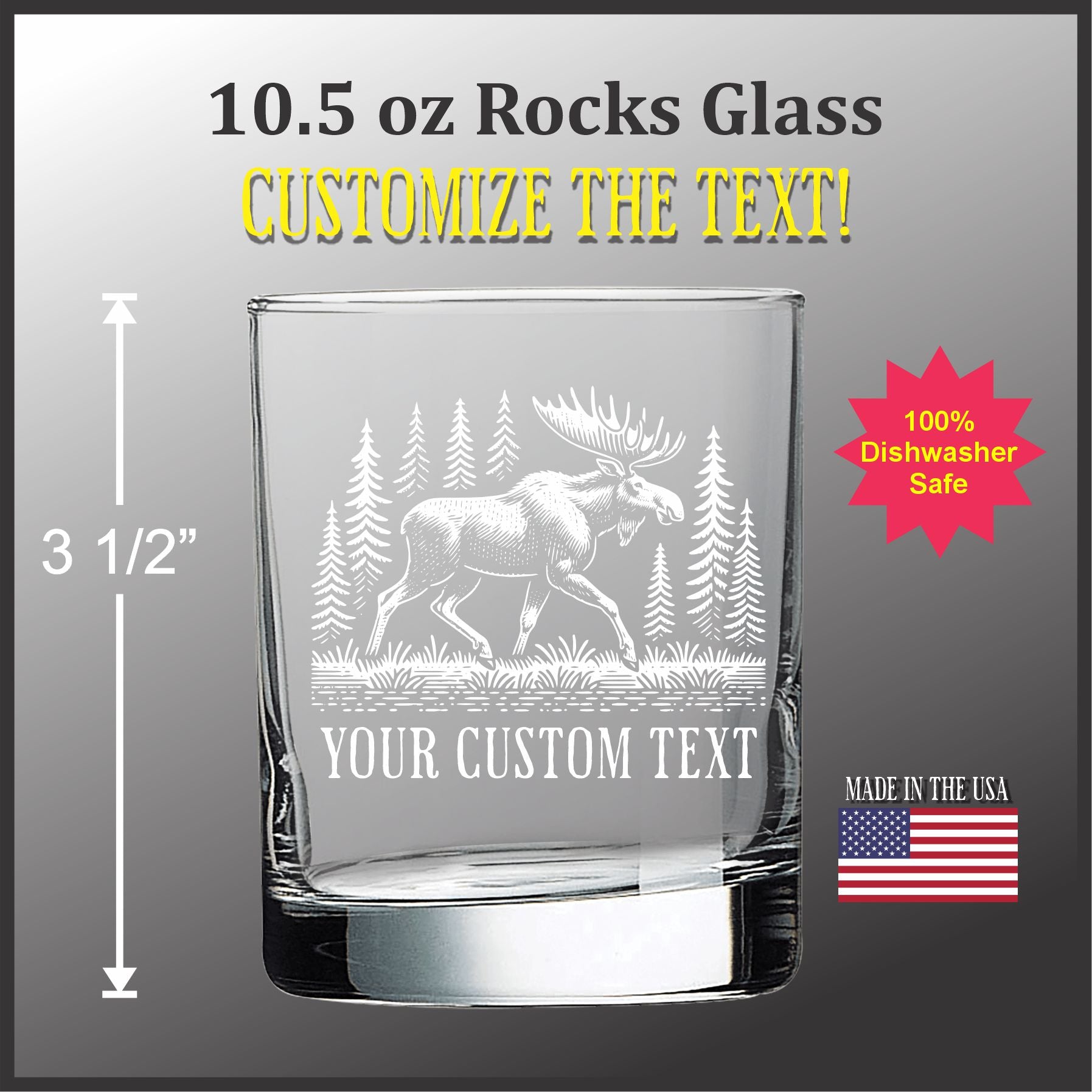 a clear glass with a moose engraved on it, along with a text customization feature.