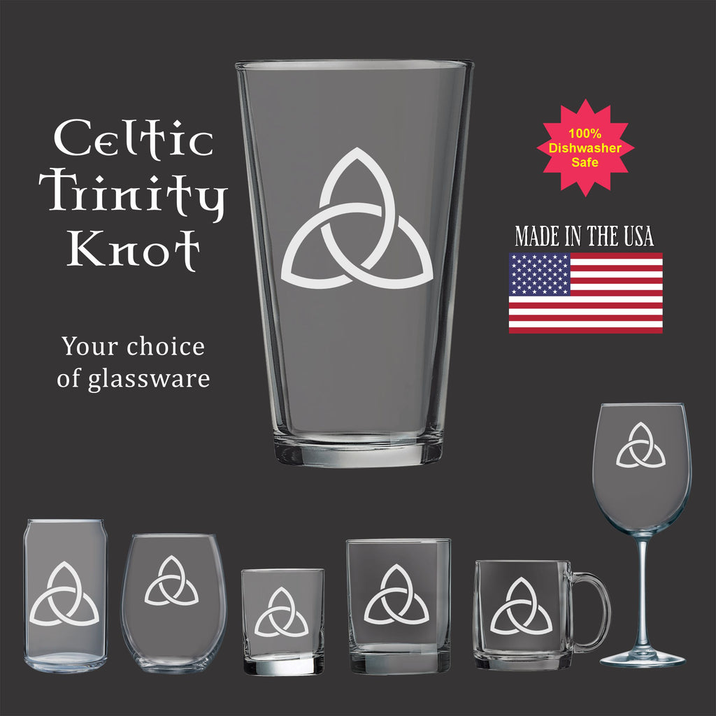 The image is a promotional advertisement for a set of glassware items, including wine glasses and mugs, featuring the Celtic Triangle Knot symbol.