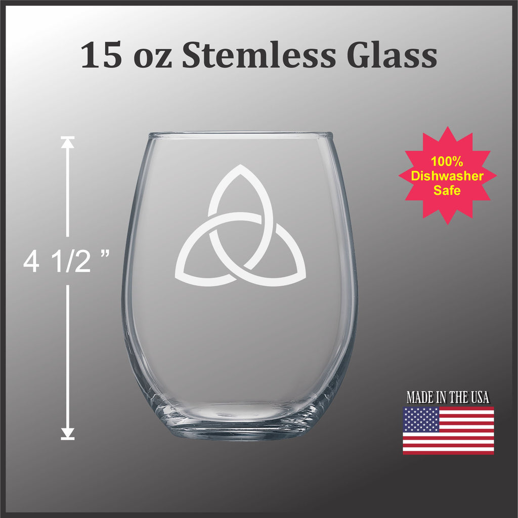a 15 oz stemless glass with a white design on it.