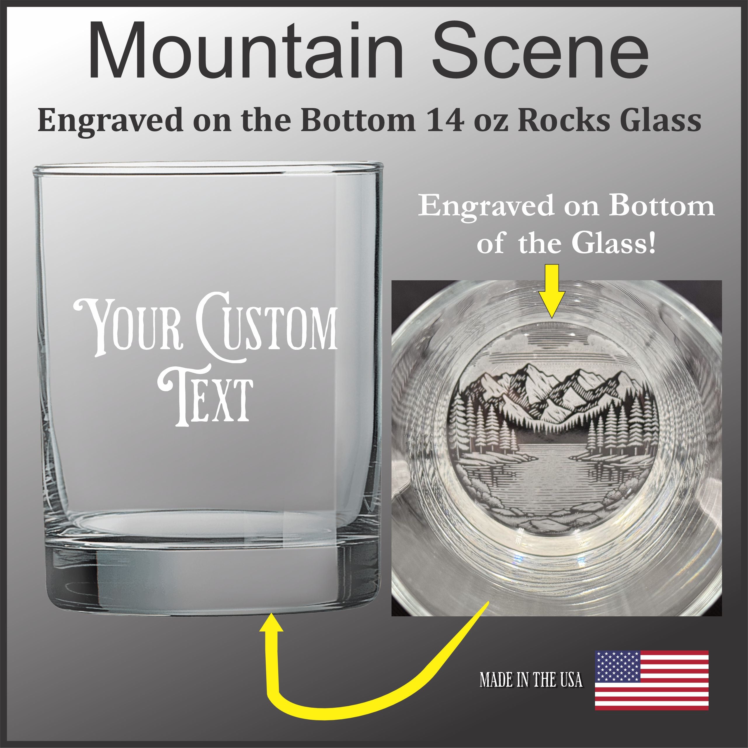 The image is a promotional graphic for a custom engraving service, featuring a glass with a mountain landscape engraved on it. The text on the glass reads "Your Custom Text" and the glass is described as being engraved on the bottom of the glass.