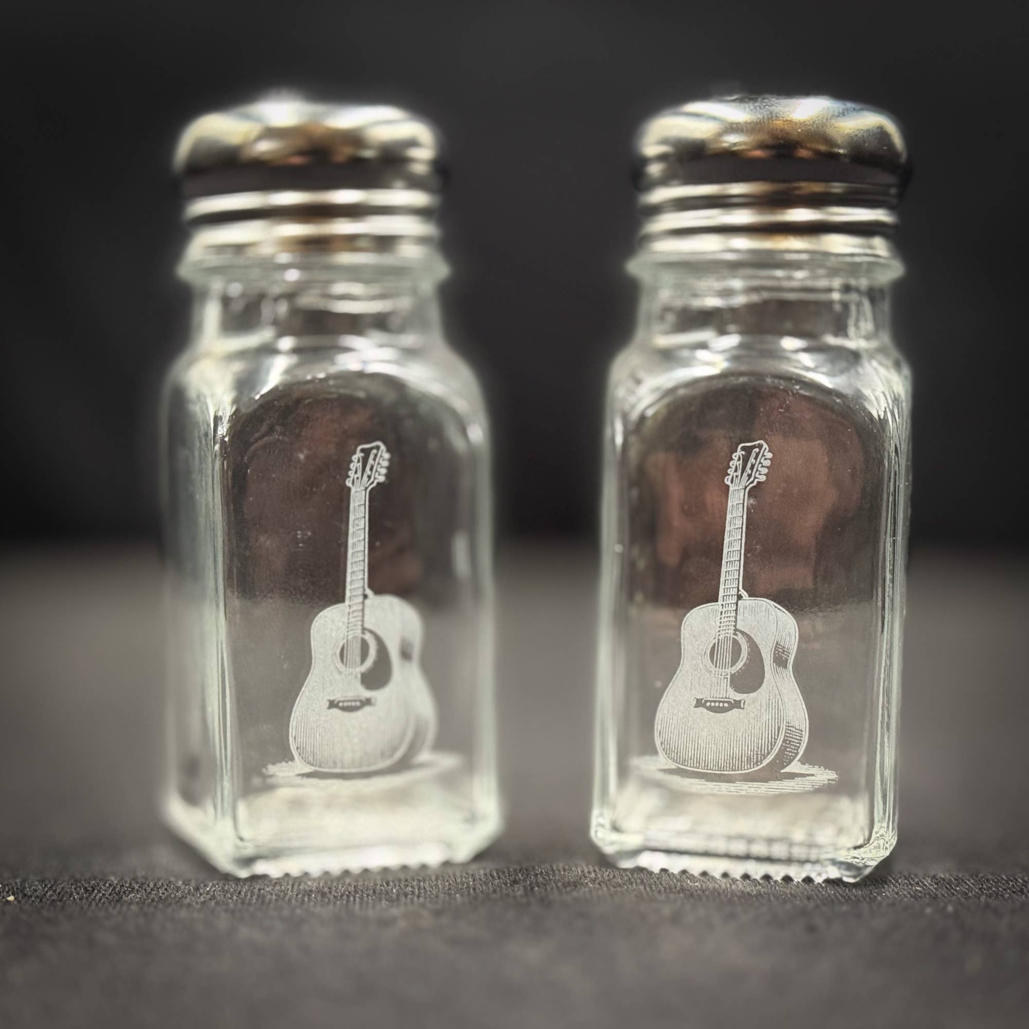 Salt and Pepper Shaker set with Acoustic Guitars Engraved