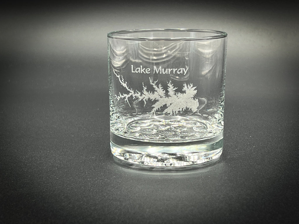 A clear glass with the name 'Lake Murray' engraved on it.
