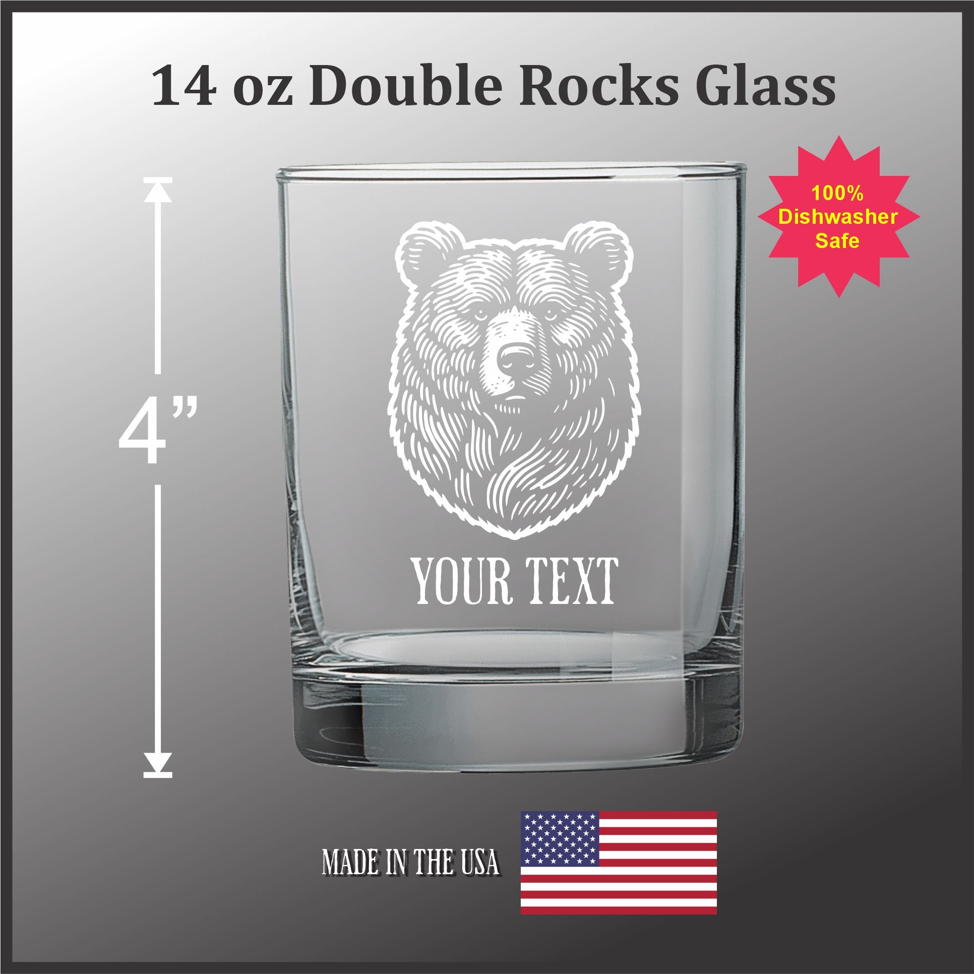 A 14 oz. Double Rocks glass with a bear etched into it. The bear is the main design element, and the glass is described as having a "YOUR TEXT" etched into it. The glass is made in the USA, and the American flag is visible in the bottom right corner.