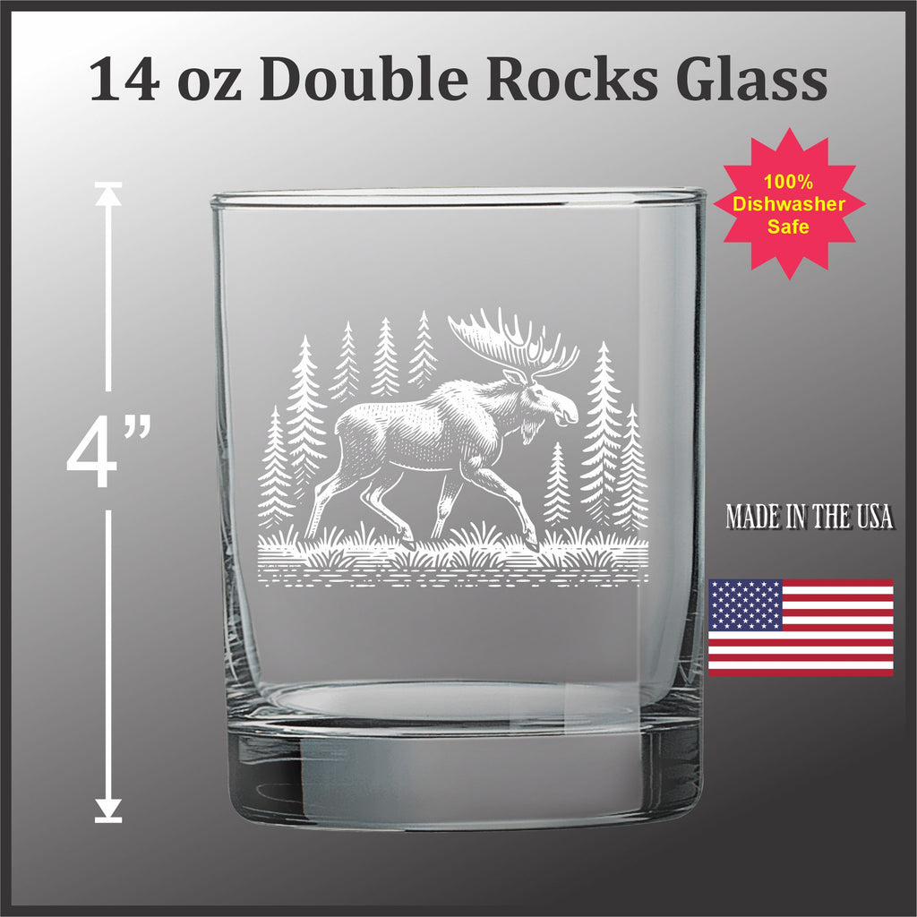 A 14 oz glass with a moose etched into it, set against a gray background.