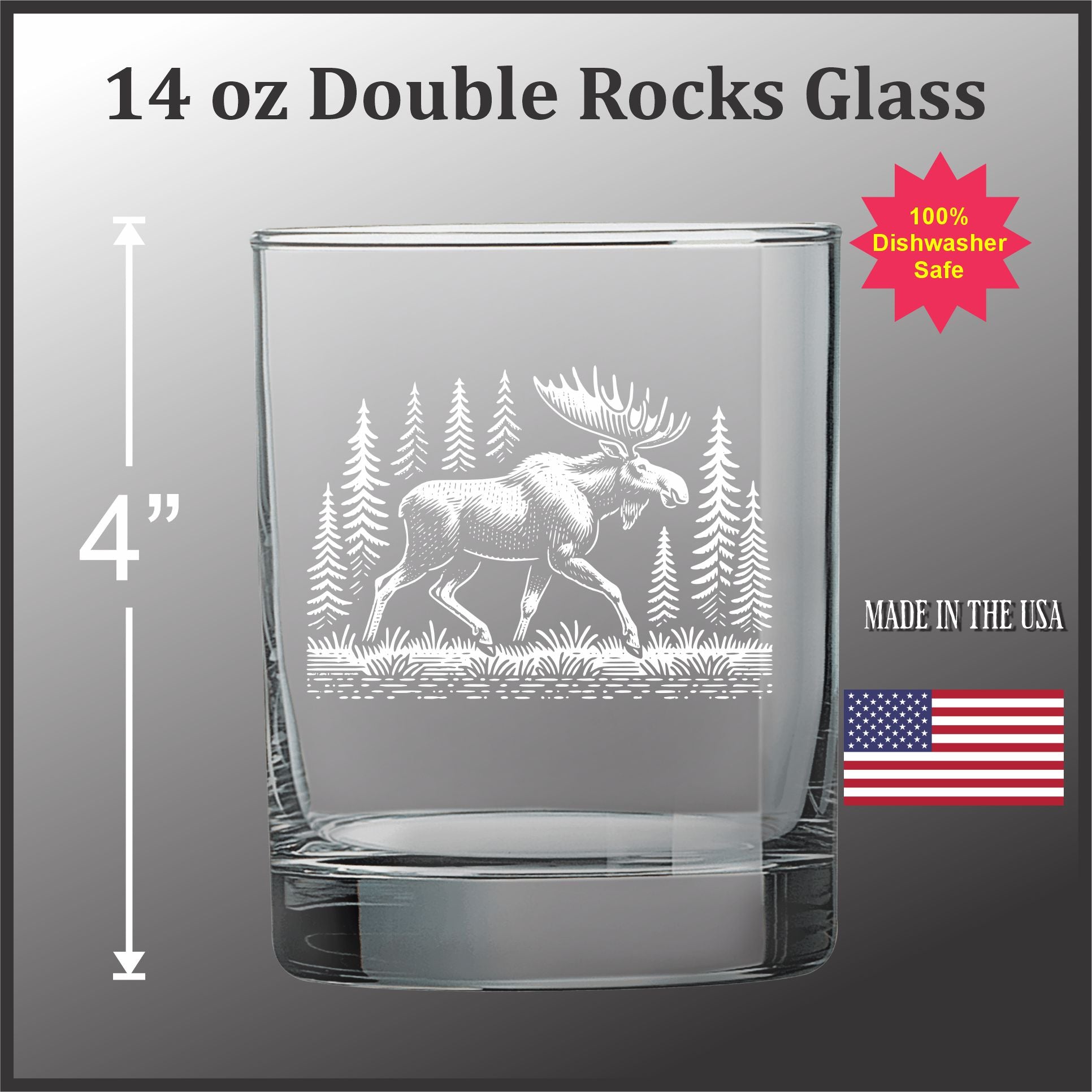A 14 oz glass with a moose etched into it, set against a gray background.