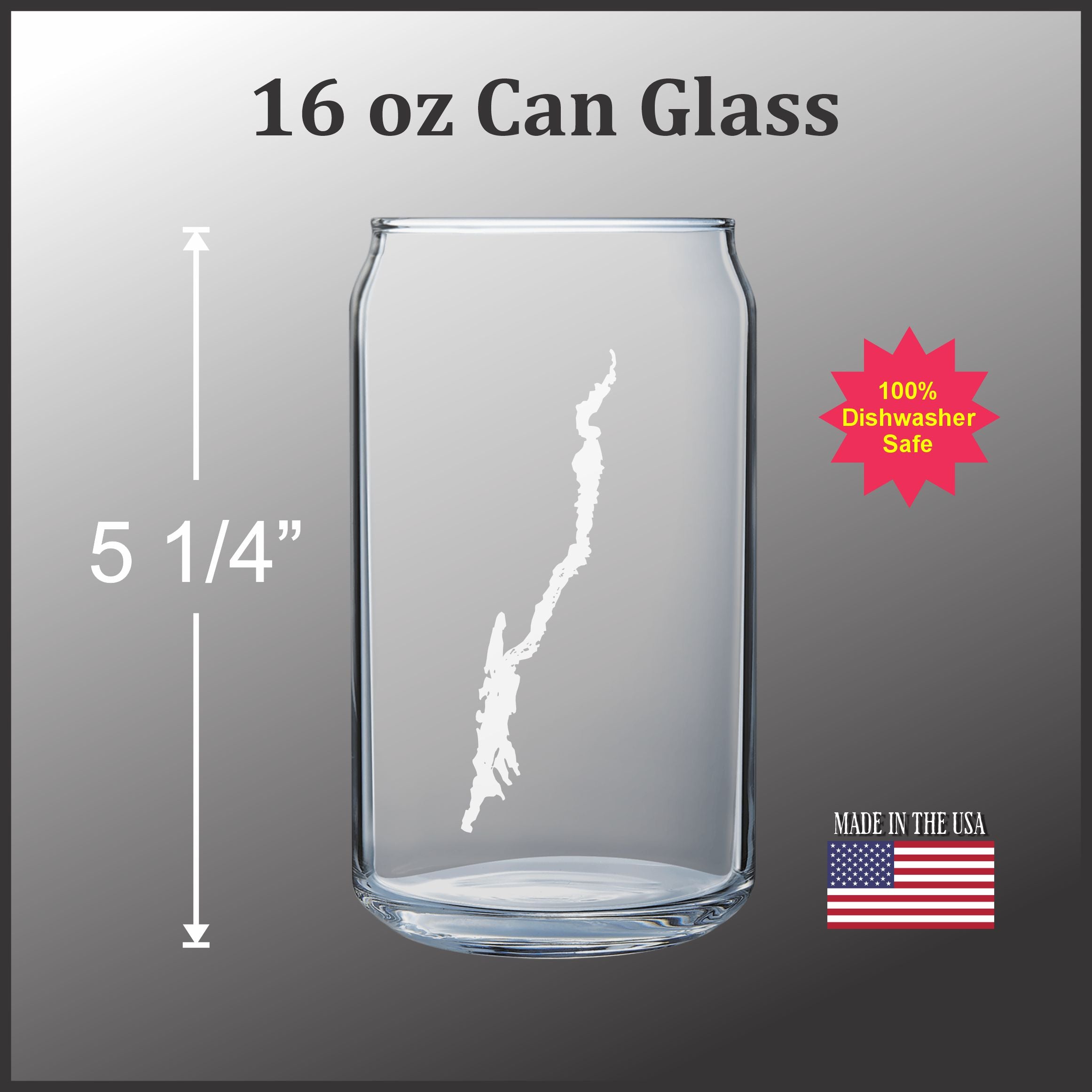 a clear glass can with a white design on it, and there is a 5 1/4" line indicating the size of the can.