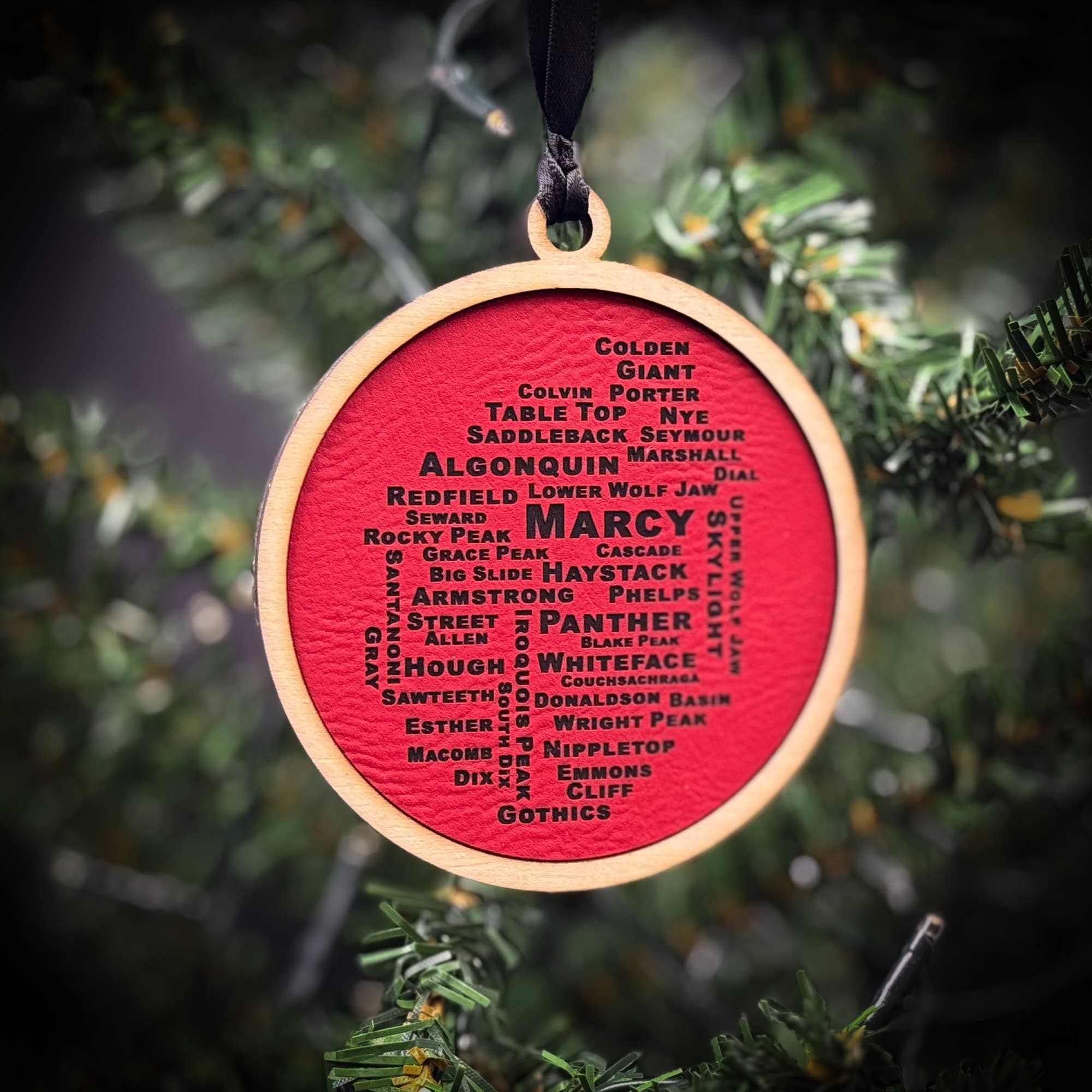 46 High Peaks Adirondacks Wood and Leatherette Ornament