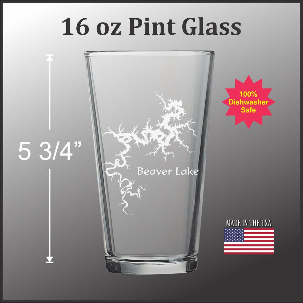 A 16 oz Pint glass with a design etched into it, featuring the Beaver Lake logo. The glass is described as being made in the USA and has a 5 3/4" capacity.